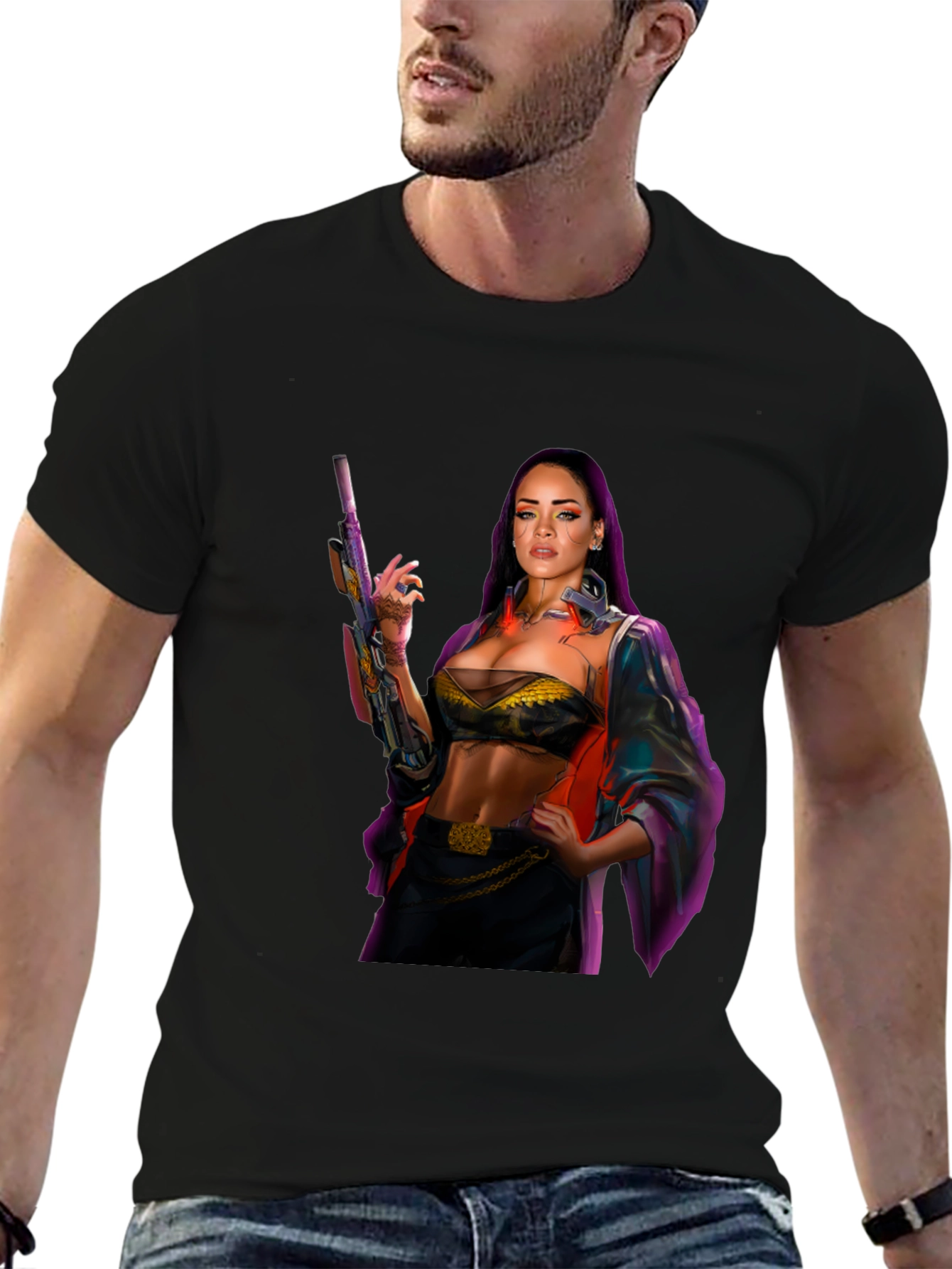 Cyberpunk Style Woman with Gun Graphic T-Shirt