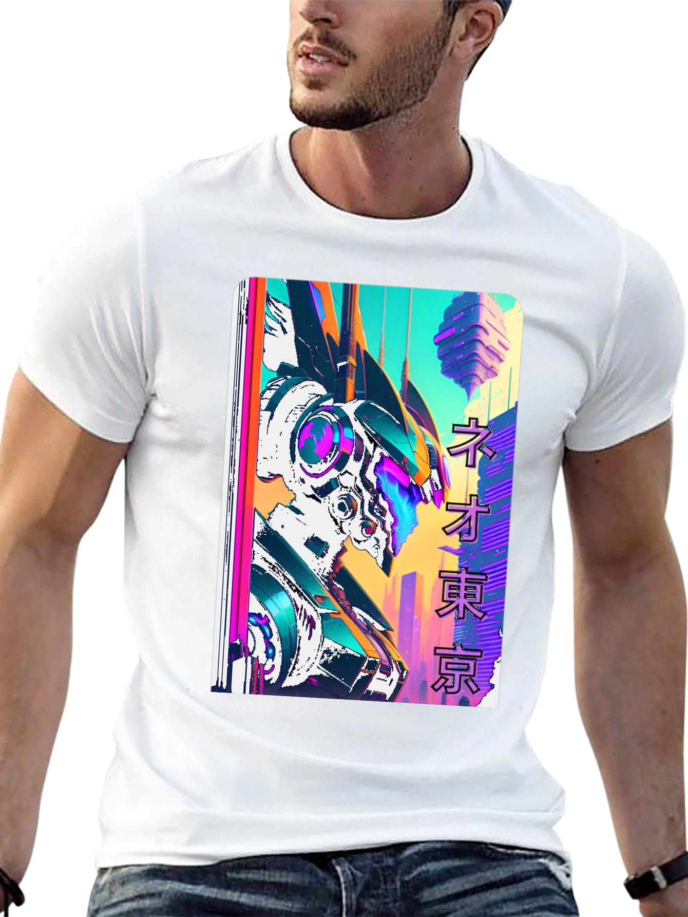 Neo Tokyo Robot Graphic Tee - Black Cotton T-Shirt