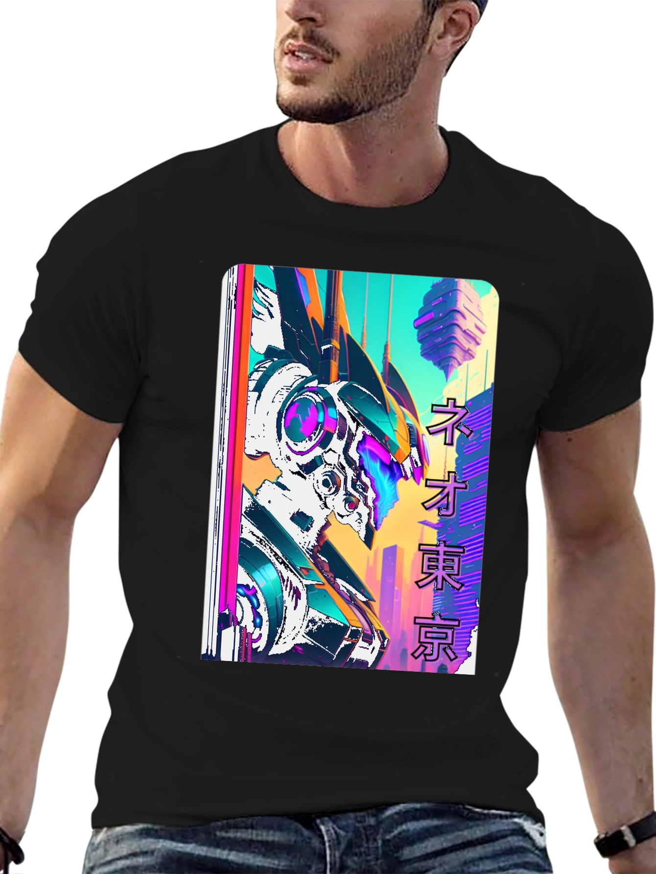 Neo Tokyo Robot Graphic Tee - Black Cotton T-Shirt