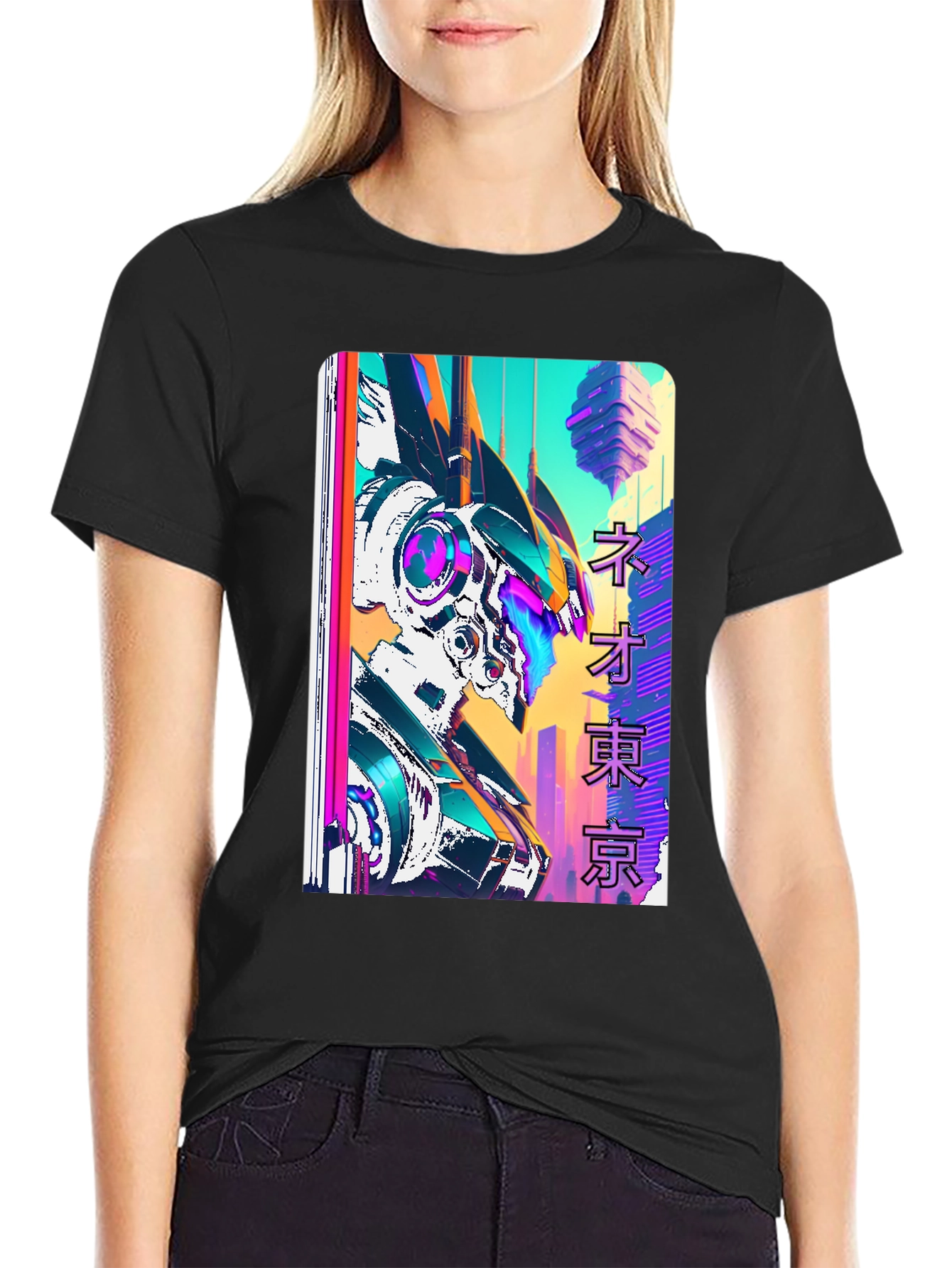 Neo Tokyo Robot Graphic Tee - Black Cotton T-Shirt