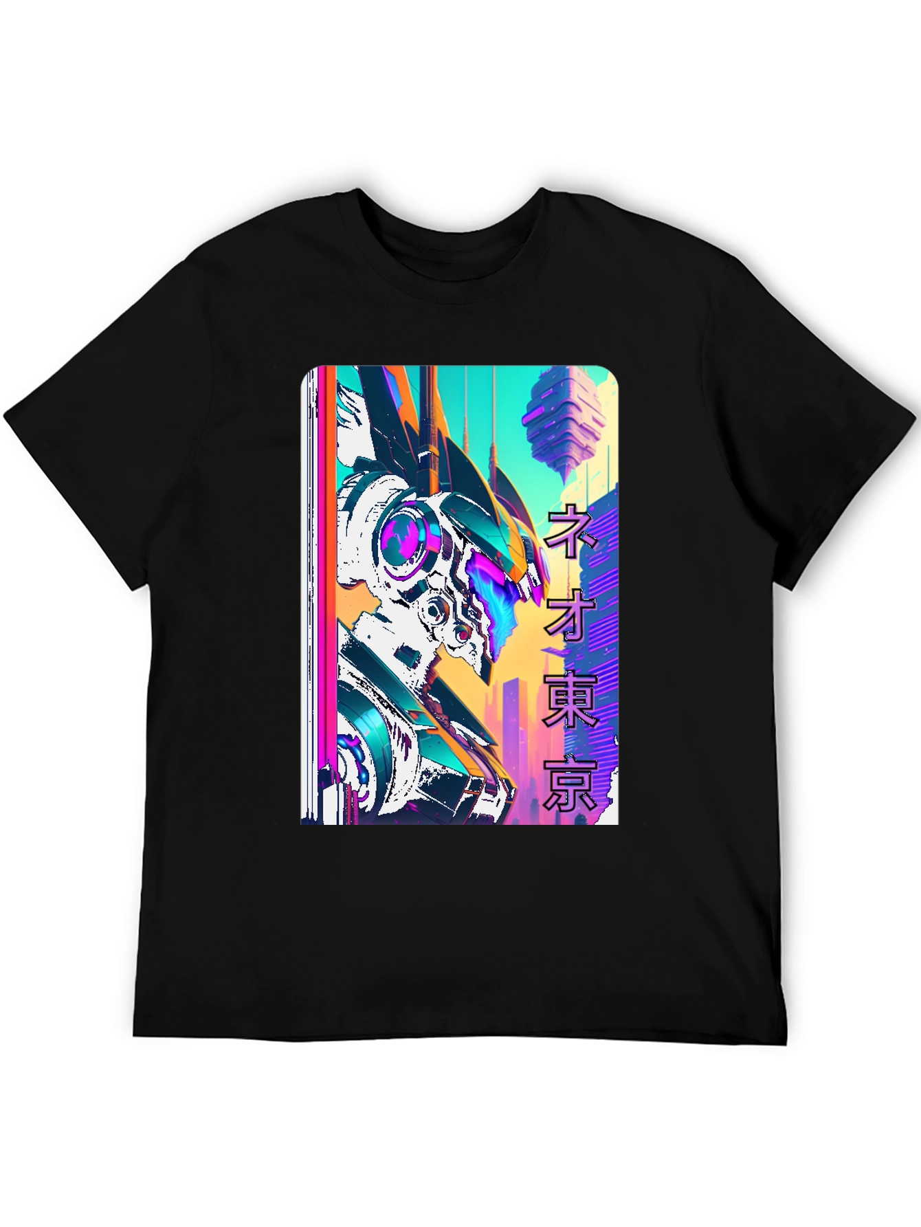 Neo Tokyo Robot Graphic Tee - Black Cotton T-Shirt