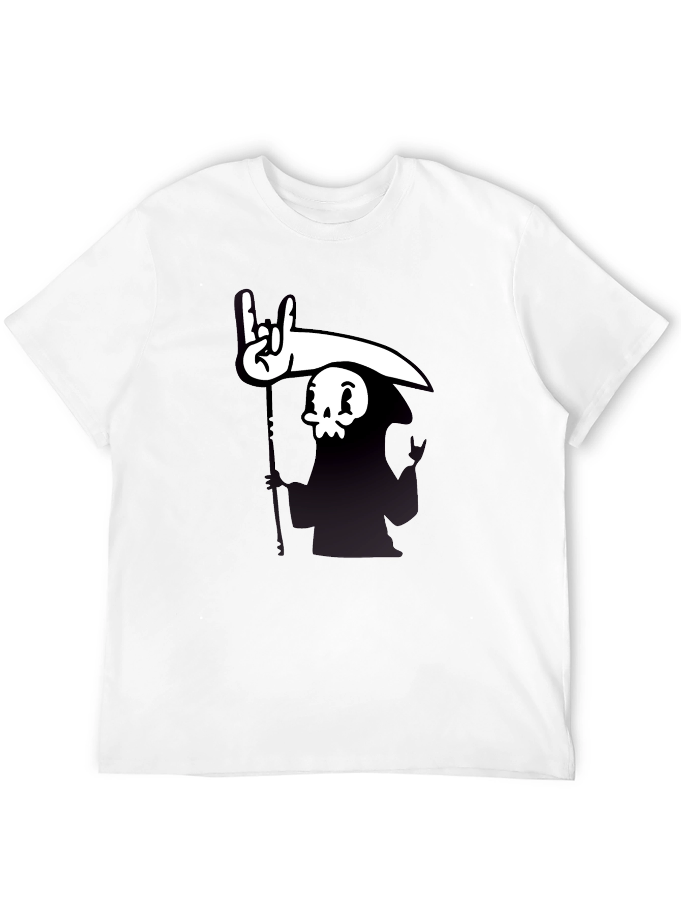 Cartoon Grim Reaper Rock On Graphic Tee - Black