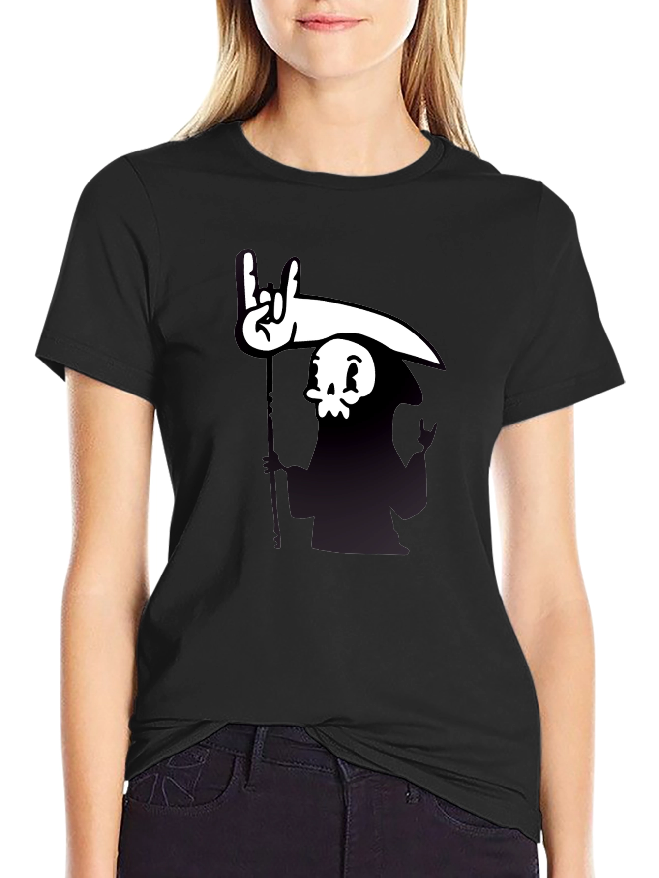 Cartoon Grim Reaper Rock On Graphic Tee - Black