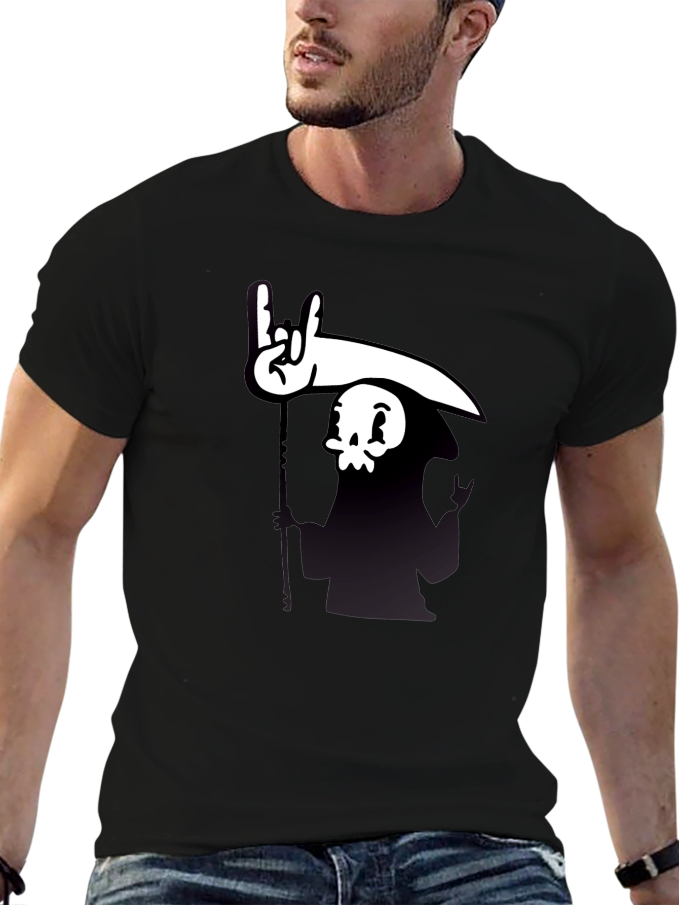 Cartoon Grim Reaper Rock On Graphic Tee - Black