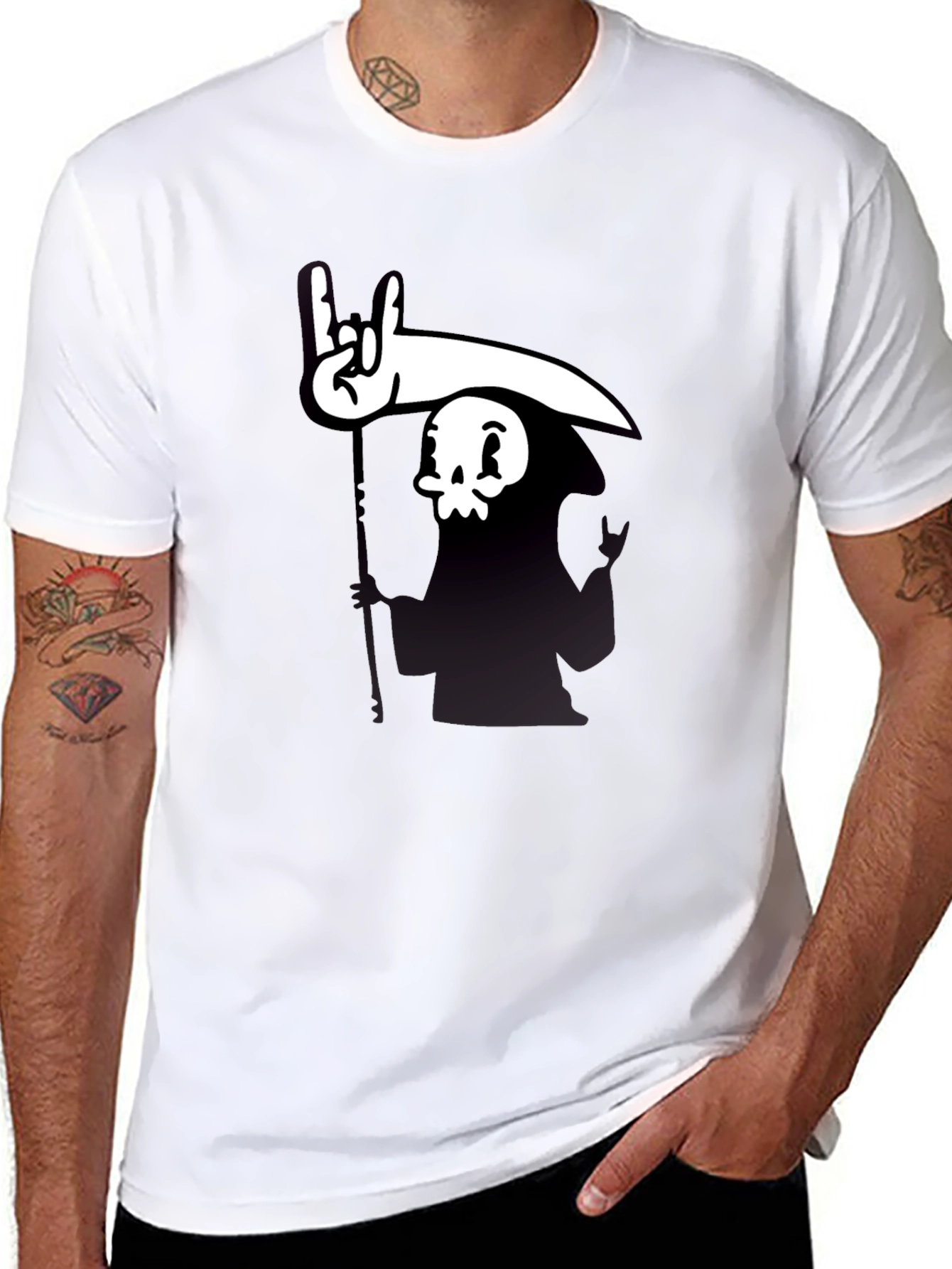 Cartoon Grim Reaper Rock On Graphic Tee - Black