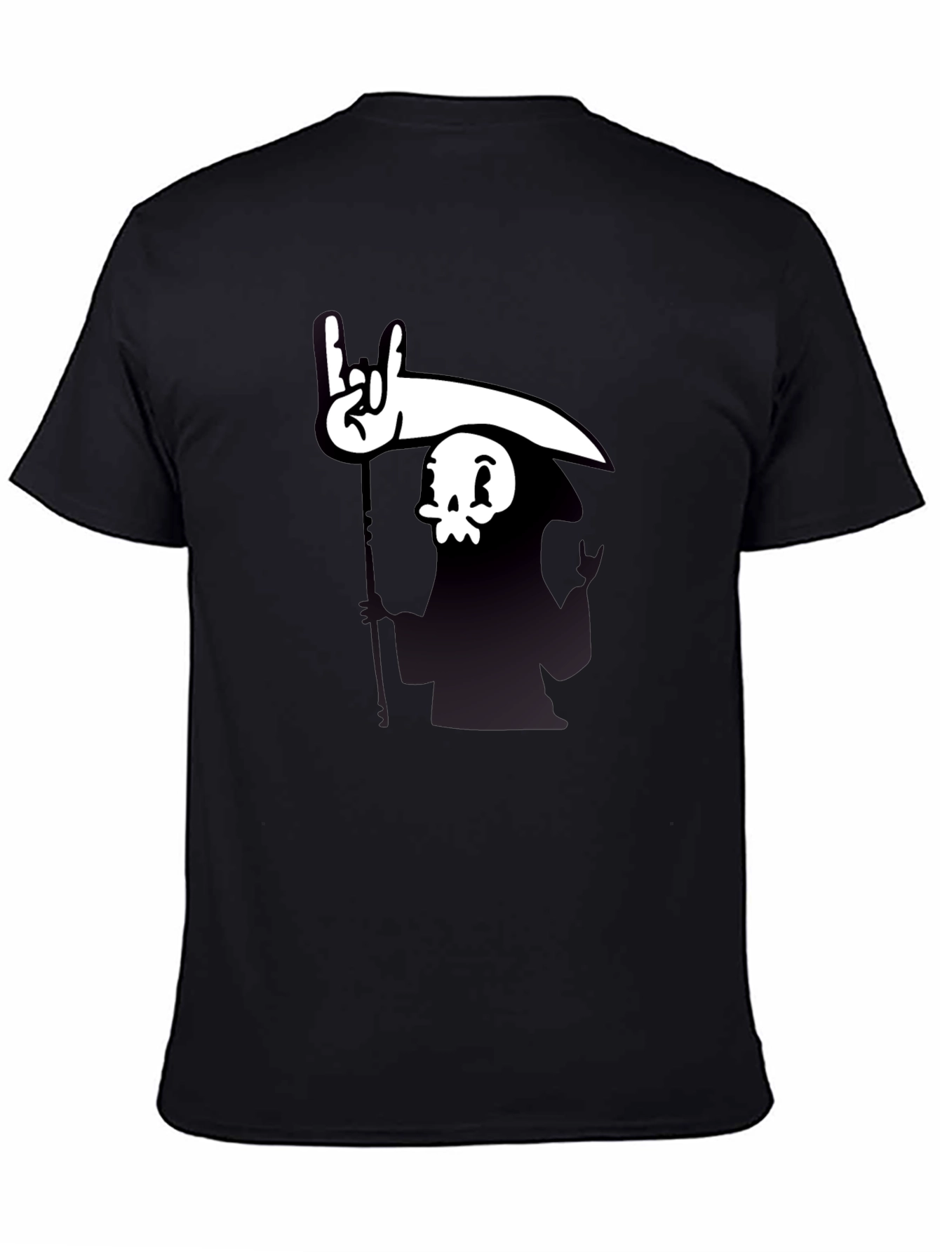 Cartoon Grim Reaper Rock On Graphic Tee - Black