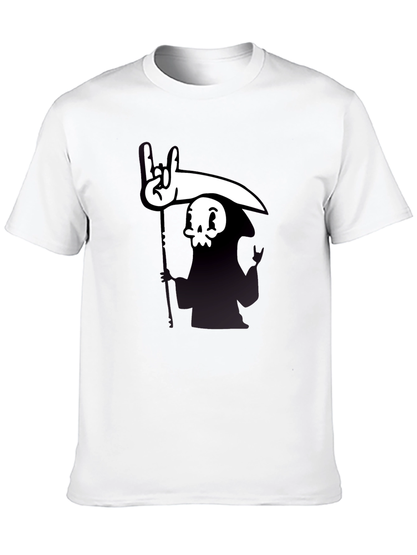 Cartoon Grim Reaper Rock On Graphic Tee - Black