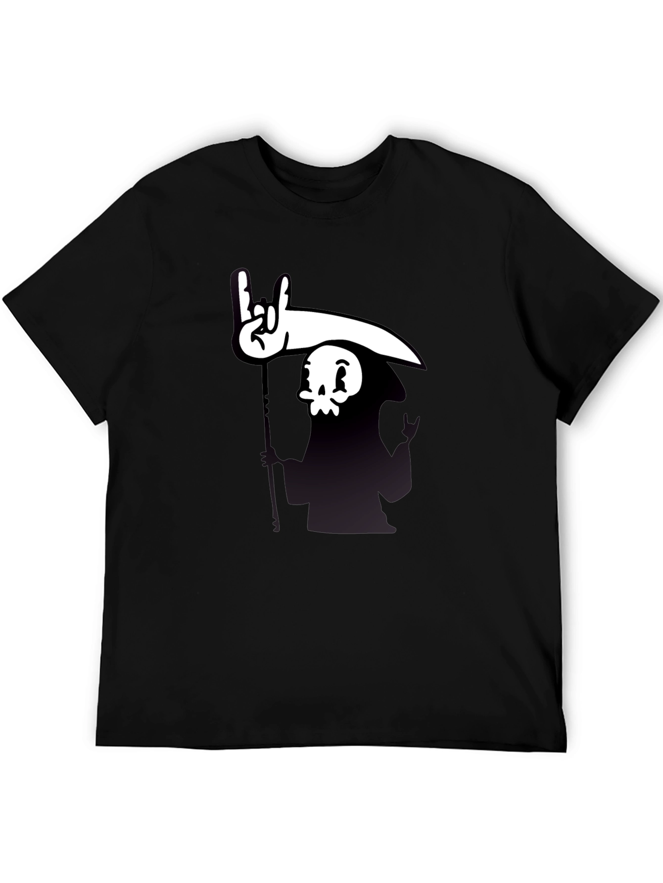 Cartoon Grim Reaper Rock On Graphic Tee - Black