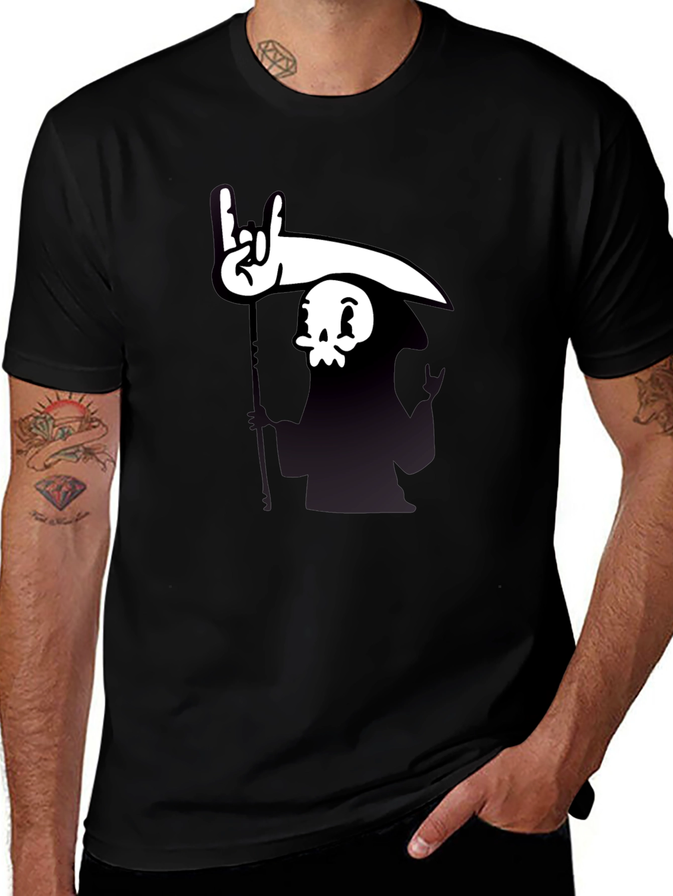 Cartoon Grim Reaper Rock On Graphic Tee - Black
