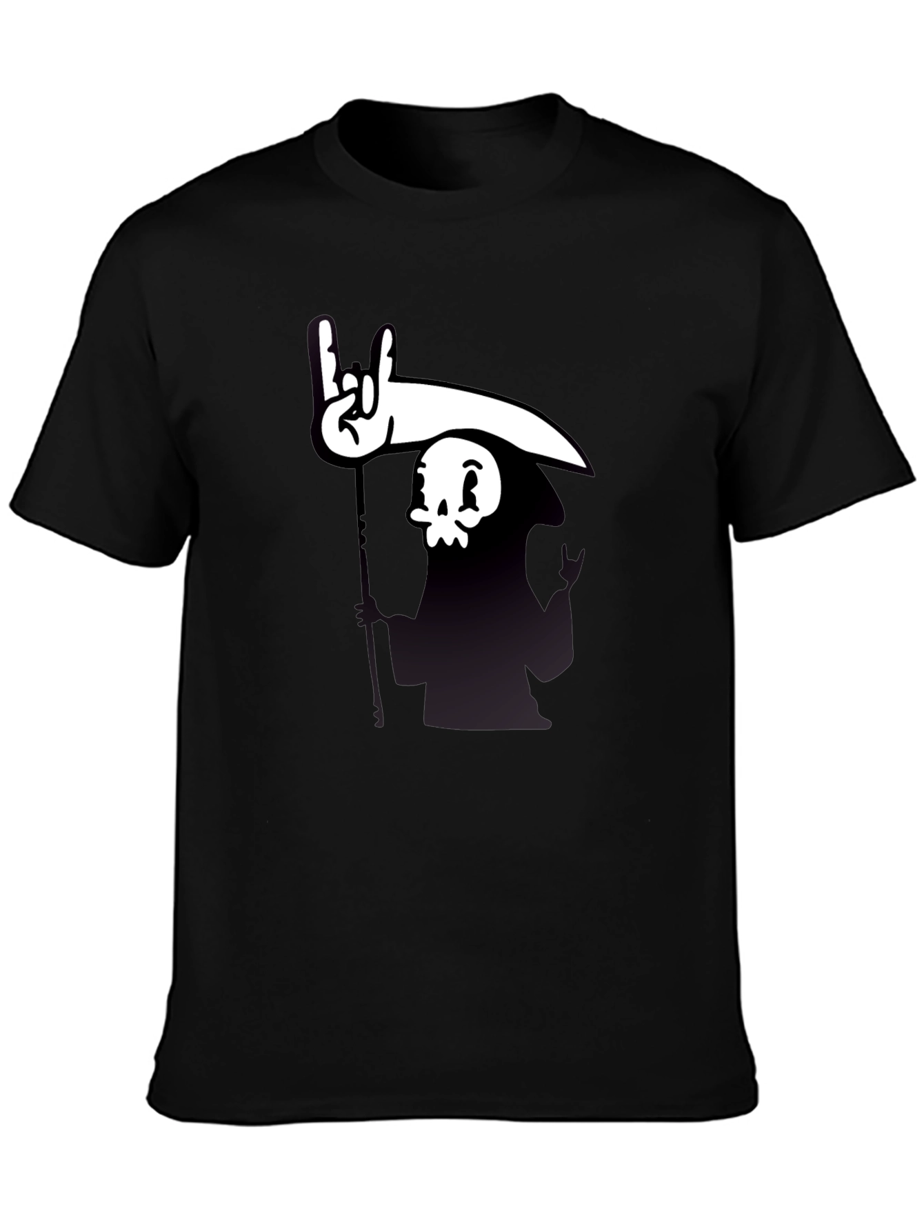 Cartoon Grim Reaper Rock On Graphic Tee - Black