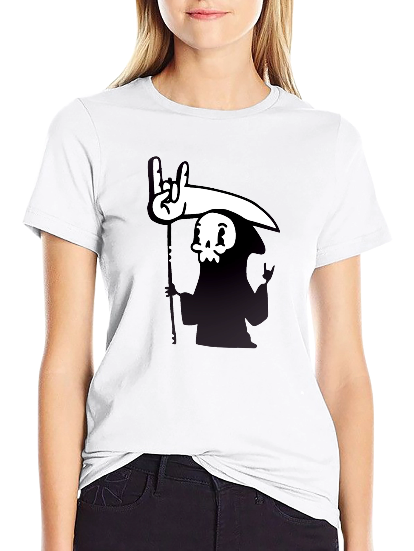 Cartoon Grim Reaper Rock On Graphic Tee - Black