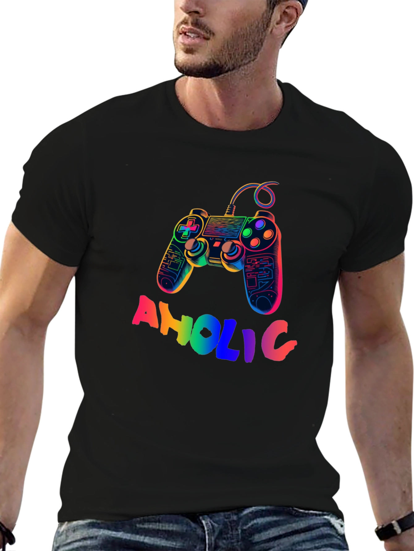 Gamer-Aholic Rainbow Graphic Tee - Black