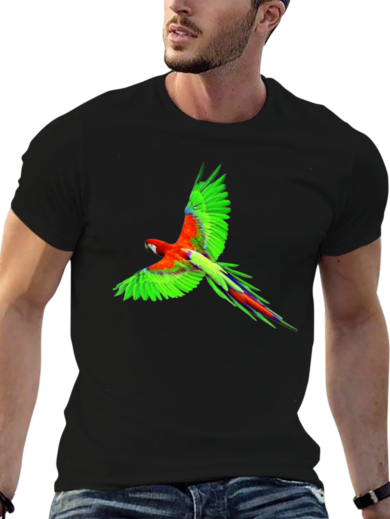 Tropical Parrot Graphic Print Black T-Shirt