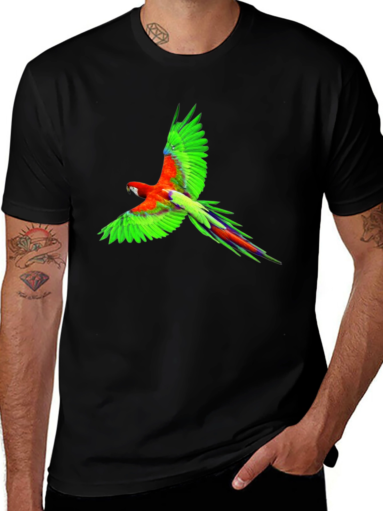Tropical Parrot Graphic Print Black T-Shirt
