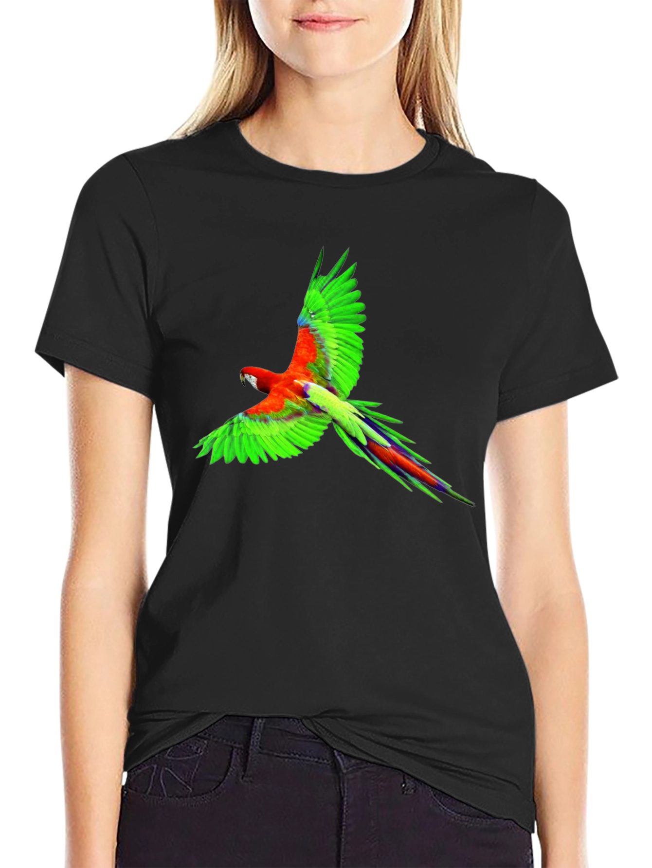 Tropical Parrot Graphic Print Black T-Shirt