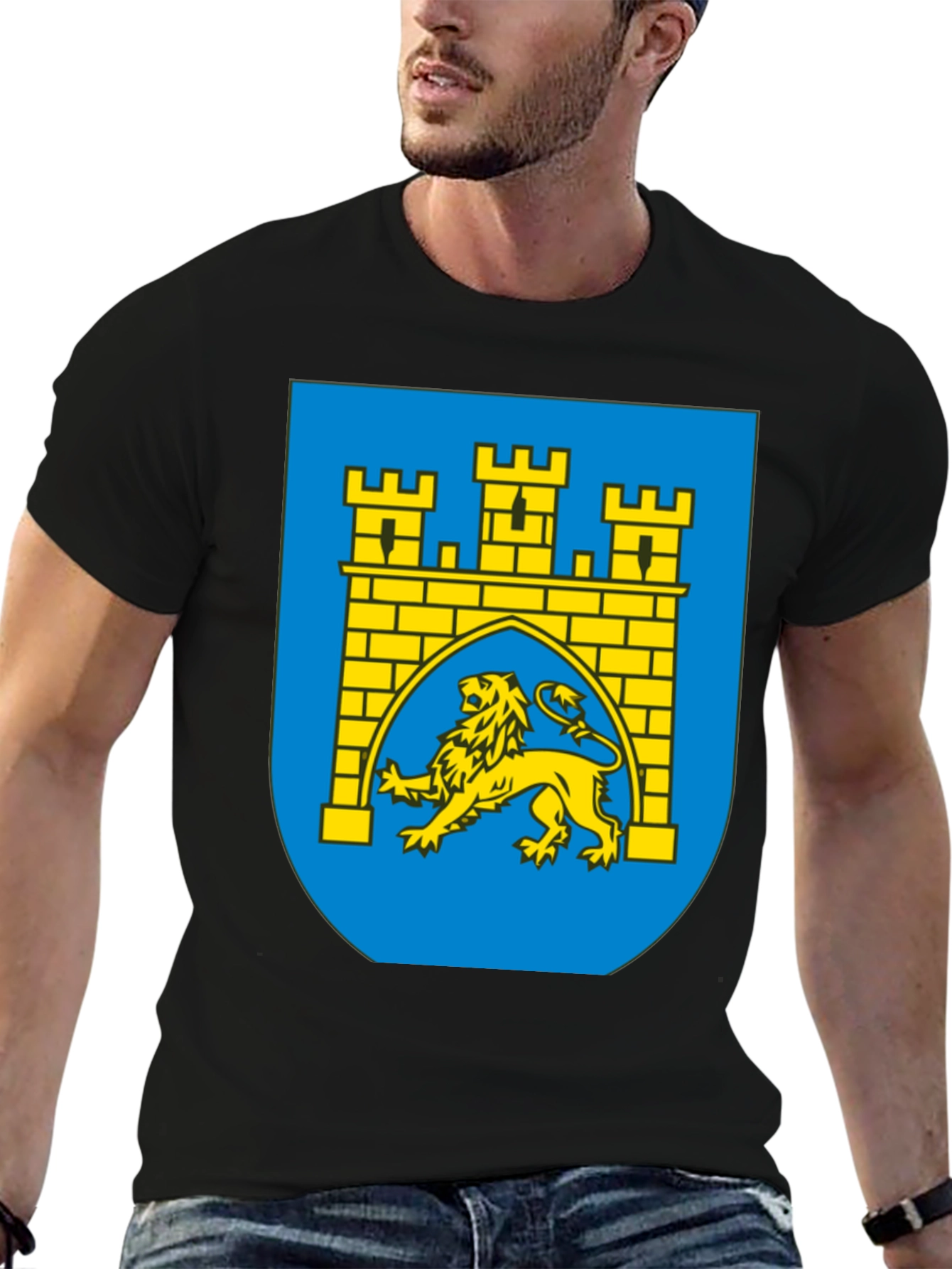 Black T-Shirt with Castle & Lion Graphic