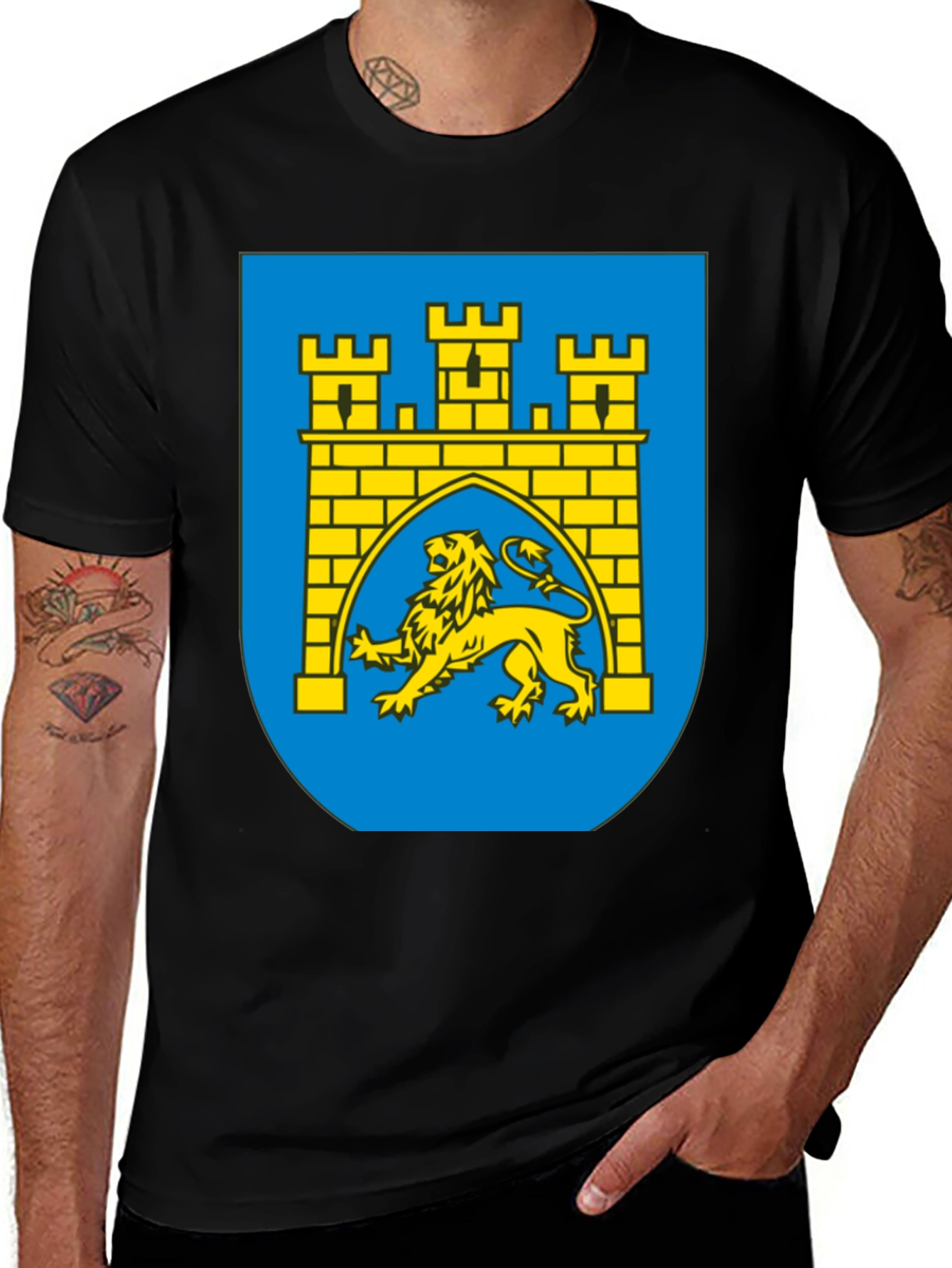 Black T-Shirt with Castle & Lion Graphic