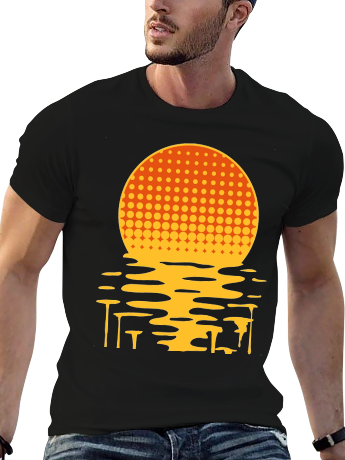 Retro Sunset Graphic Tee - Black Cotton Blend