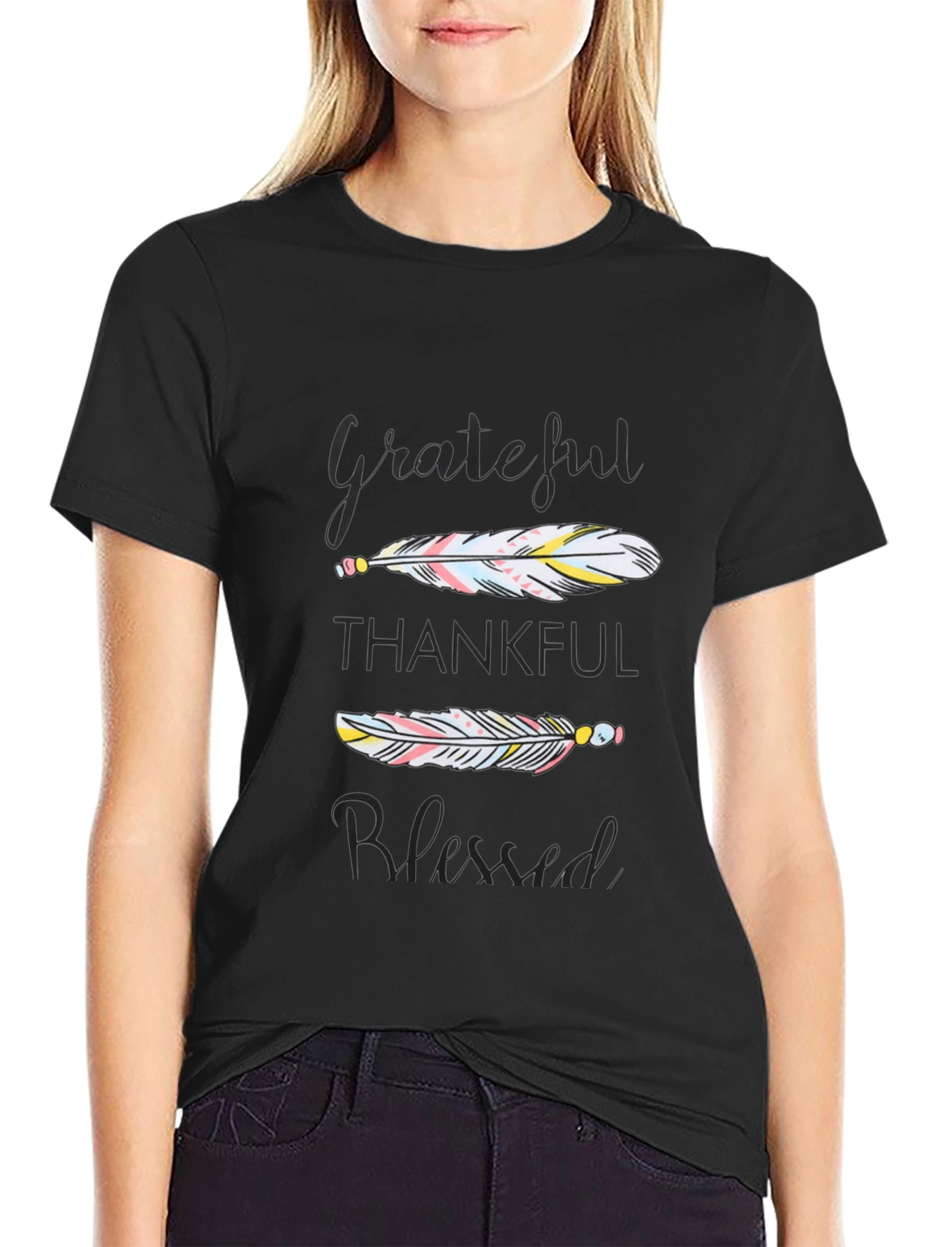 Grateful Thankful Blessed Feather Graphic Tee