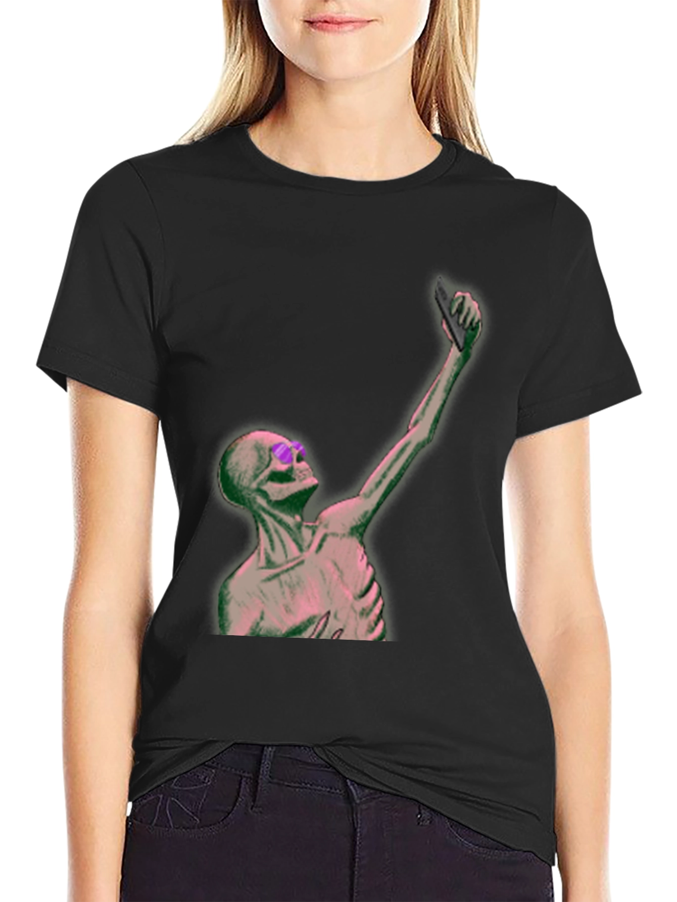 Humorous Skeleton Selfie Black T-Shirt