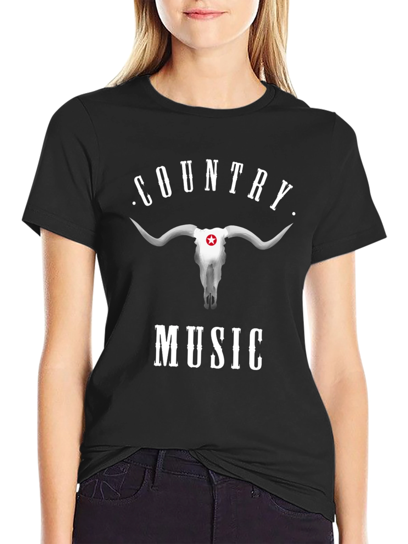 Country Music Bull Skull Graphic Black T-Shirt