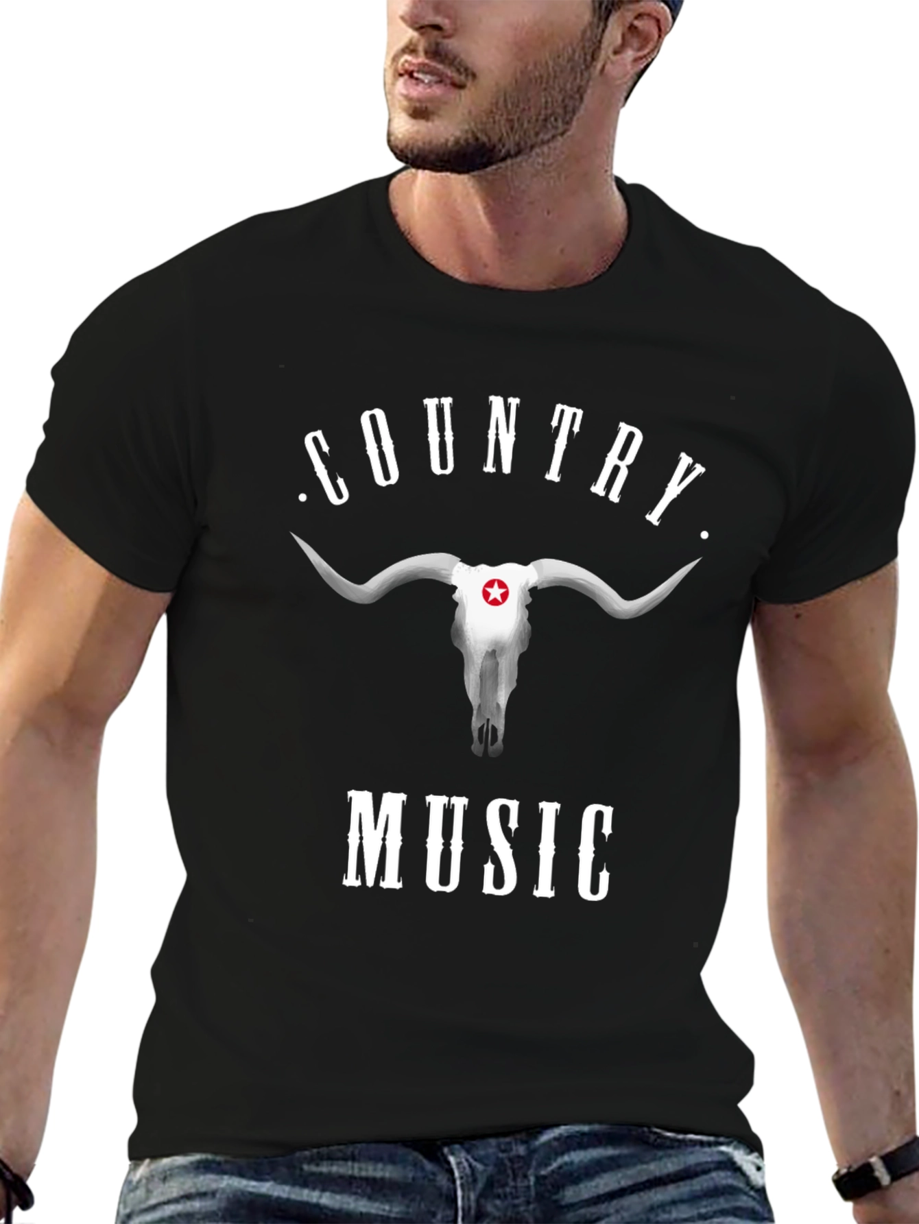 Country Music Bull Skull Graphic Black T-Shirt