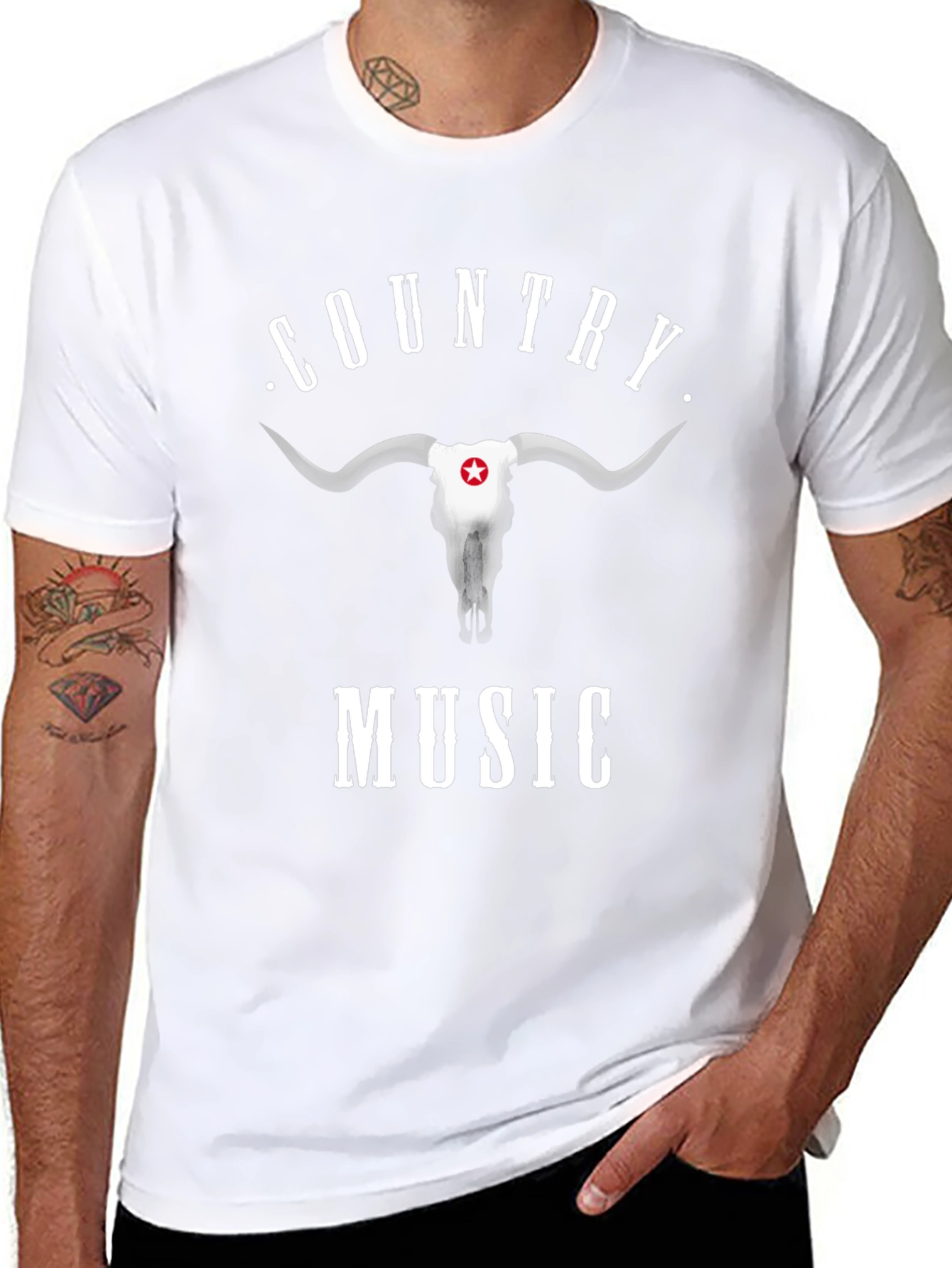 Country Music Bull Skull Graphic Black T-Shirt