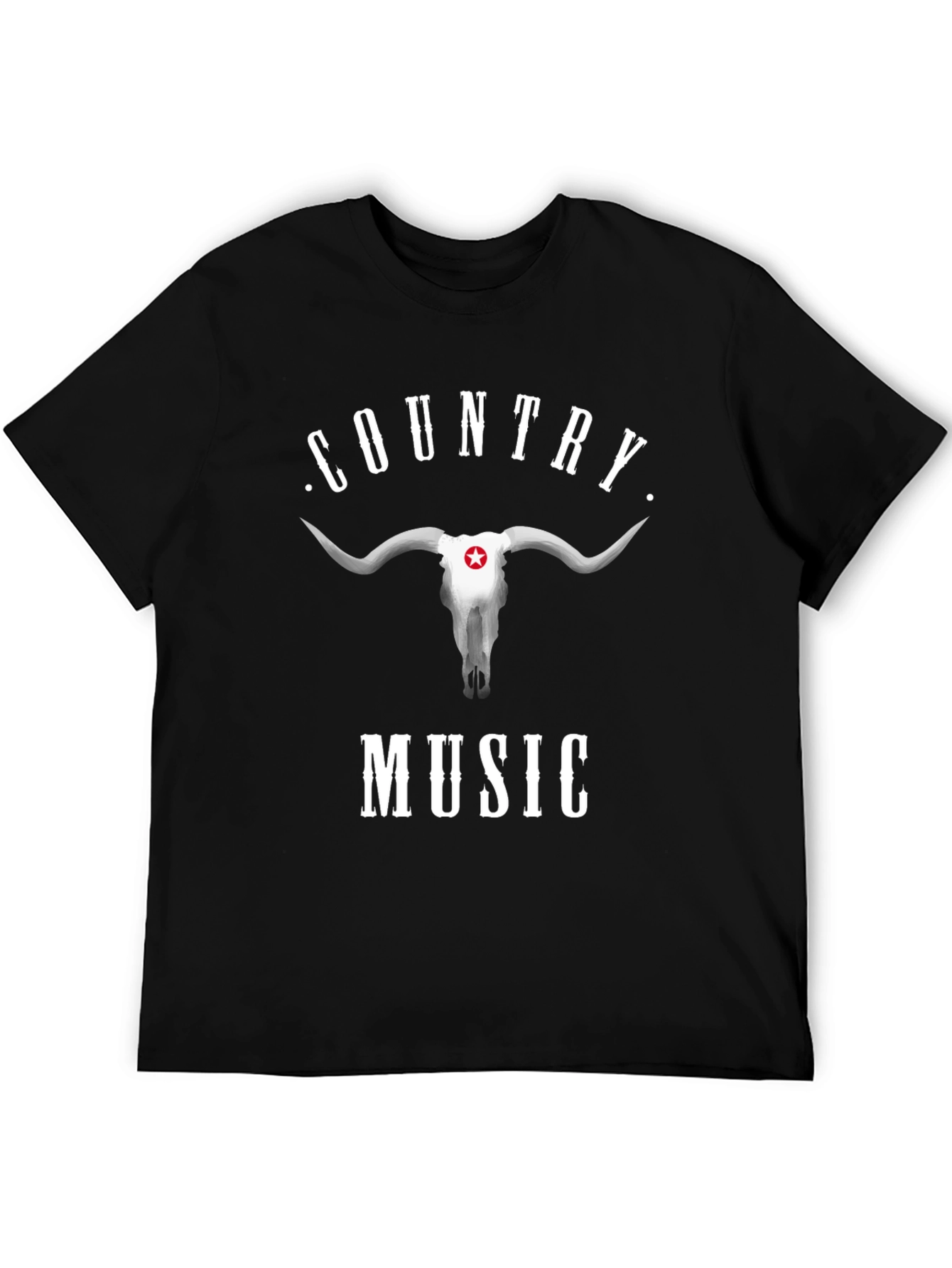 Country Music Bull Skull Graphic Black T-Shirt