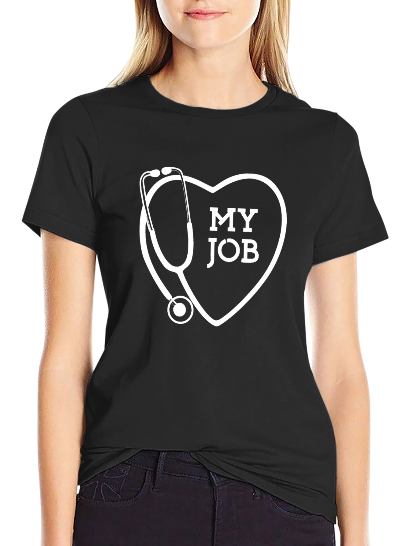 My Job Stethoscope Heart Graphic T-Shirt - Black