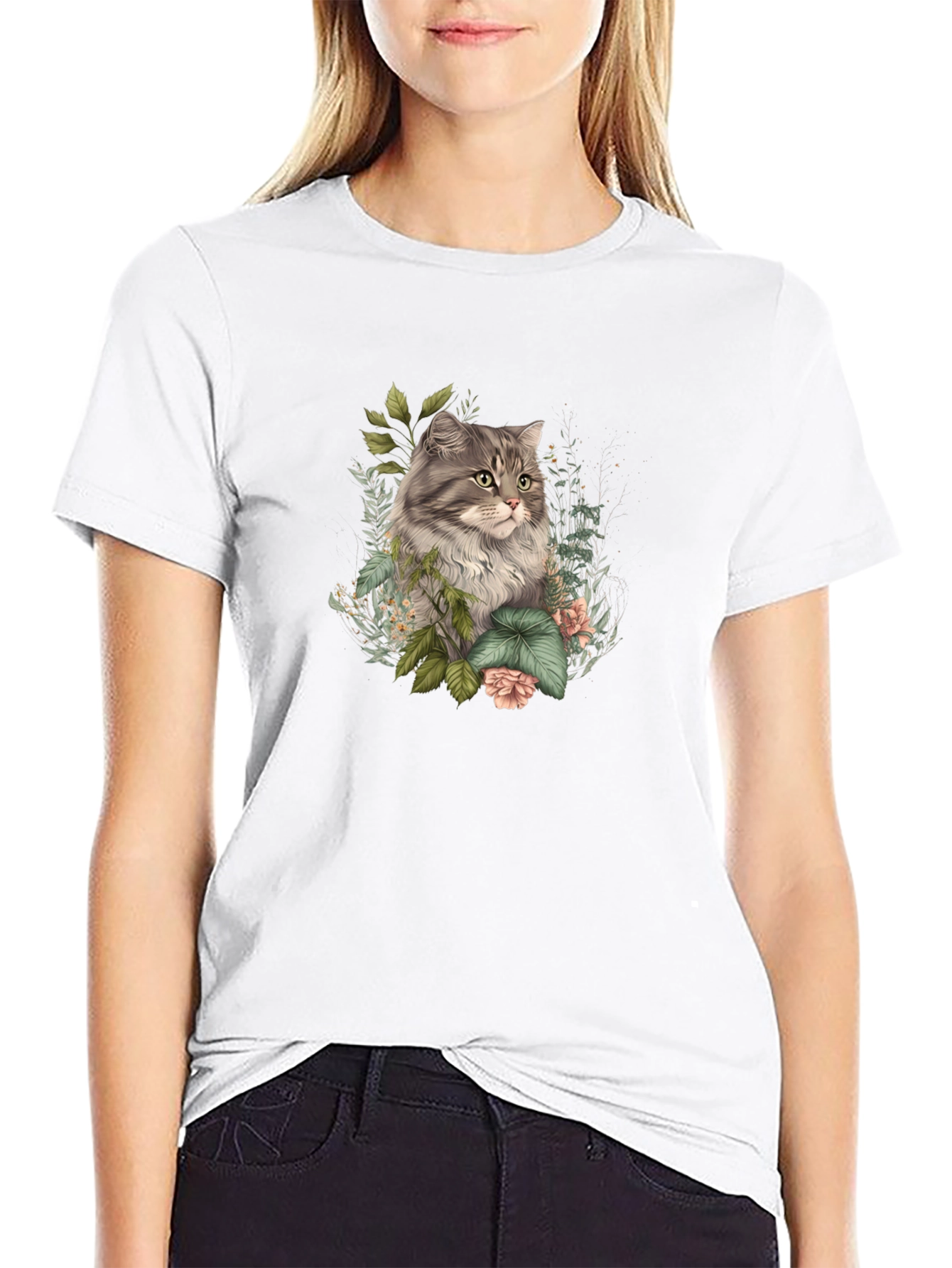 Floral Cat Graphic Tee - Stylish Comfort