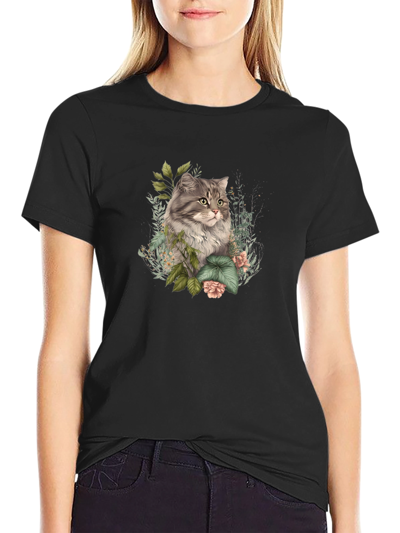 Floral Cat Graphic Tee - Stylish Comfort