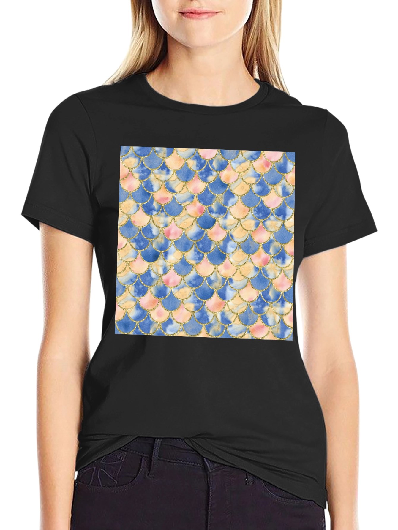 Mermaid Scale Pattern Tee - Stylish Mens Black T-Shirt