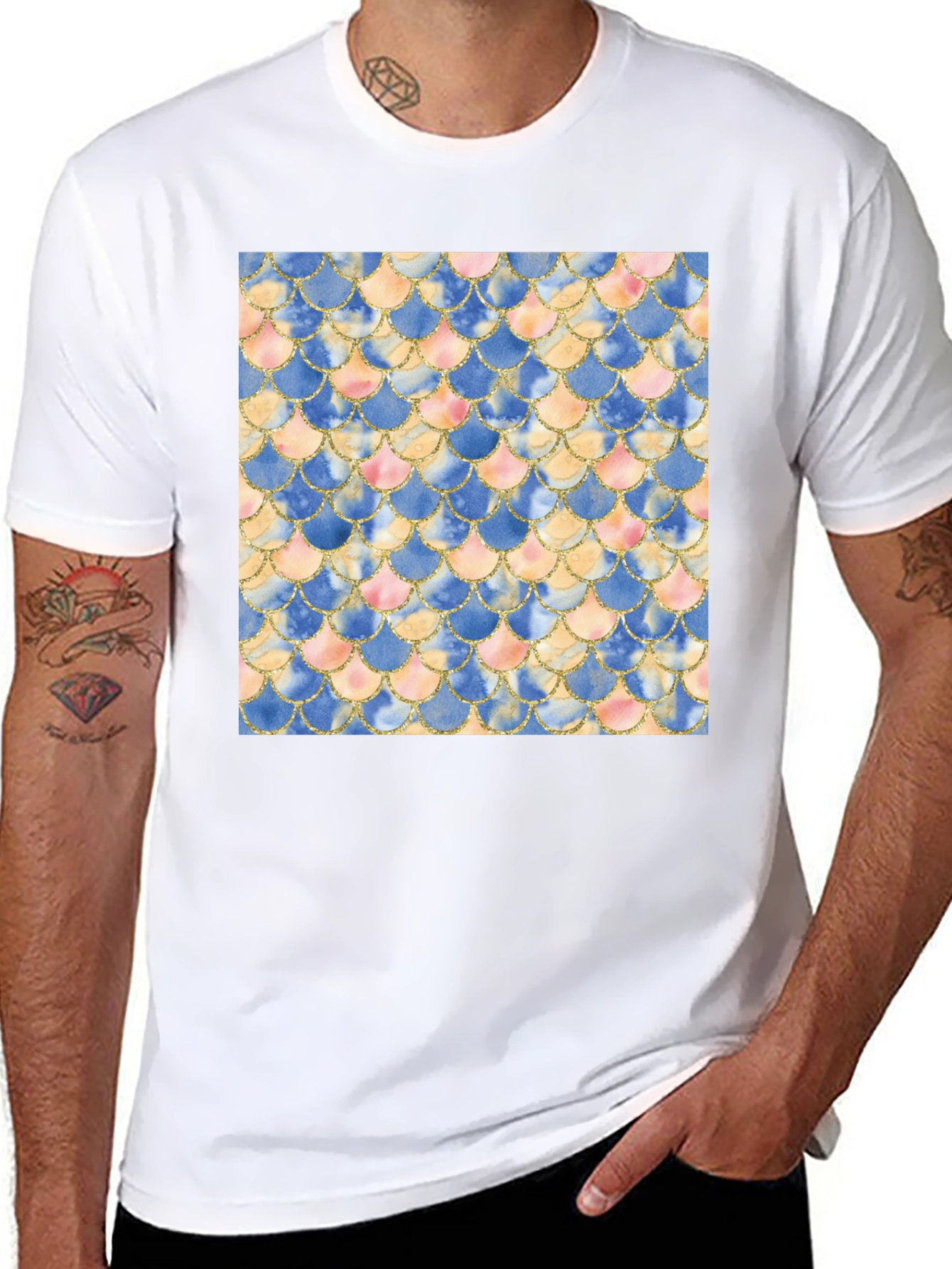 Mermaid Scale Pattern Tee - Stylish Mens Black T-Shirt