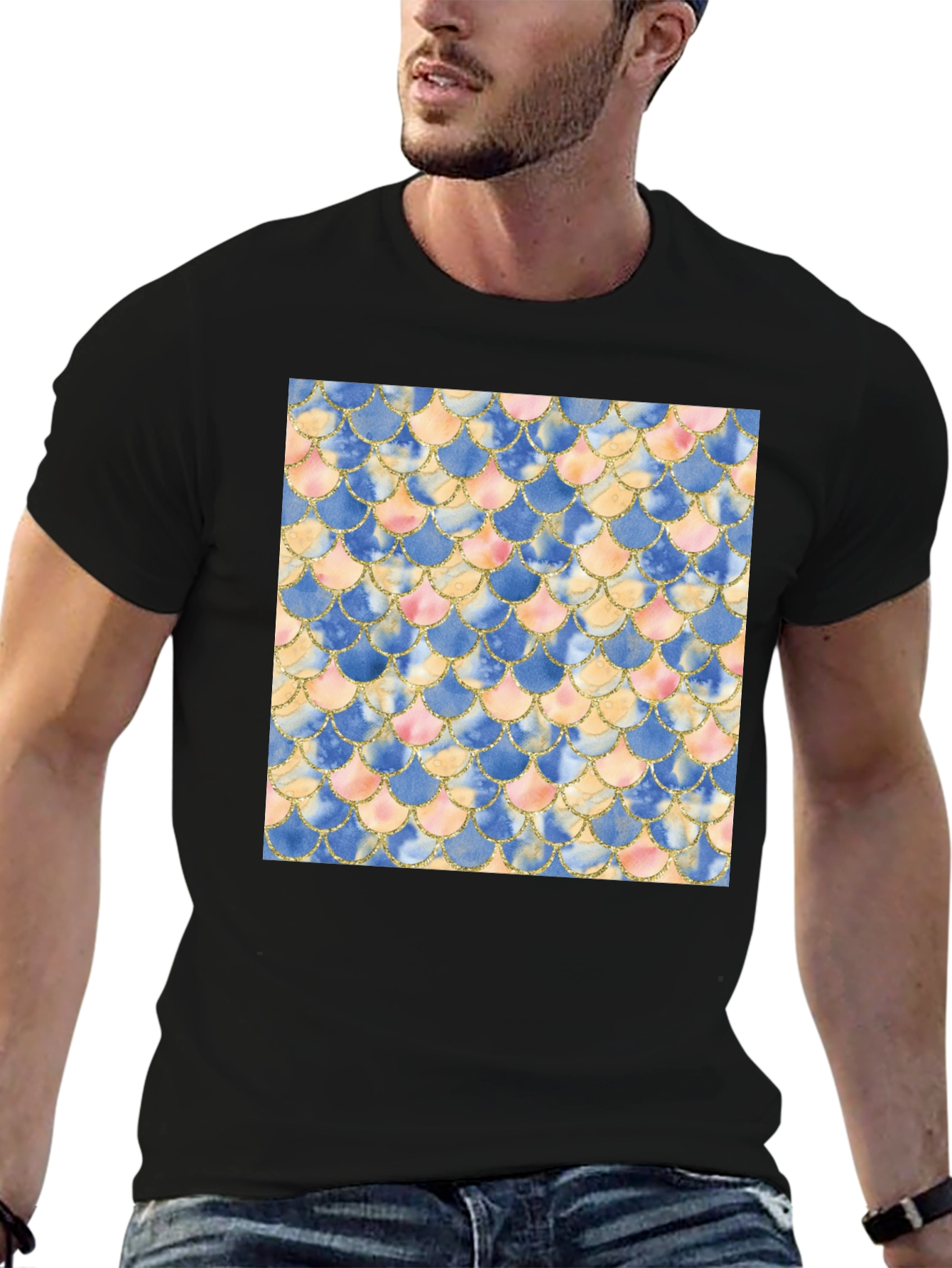Mermaid Scale Pattern Tee - Stylish Mens Black T-Shirt