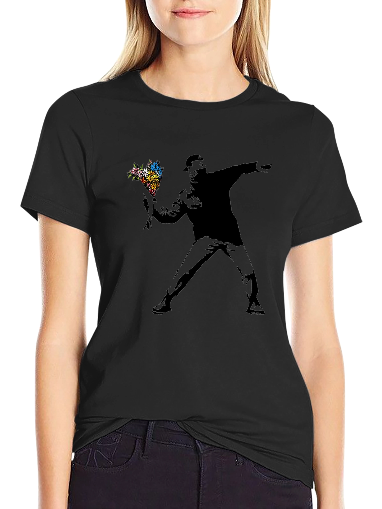 Banksy Flower Thrower Black Graphic Tee