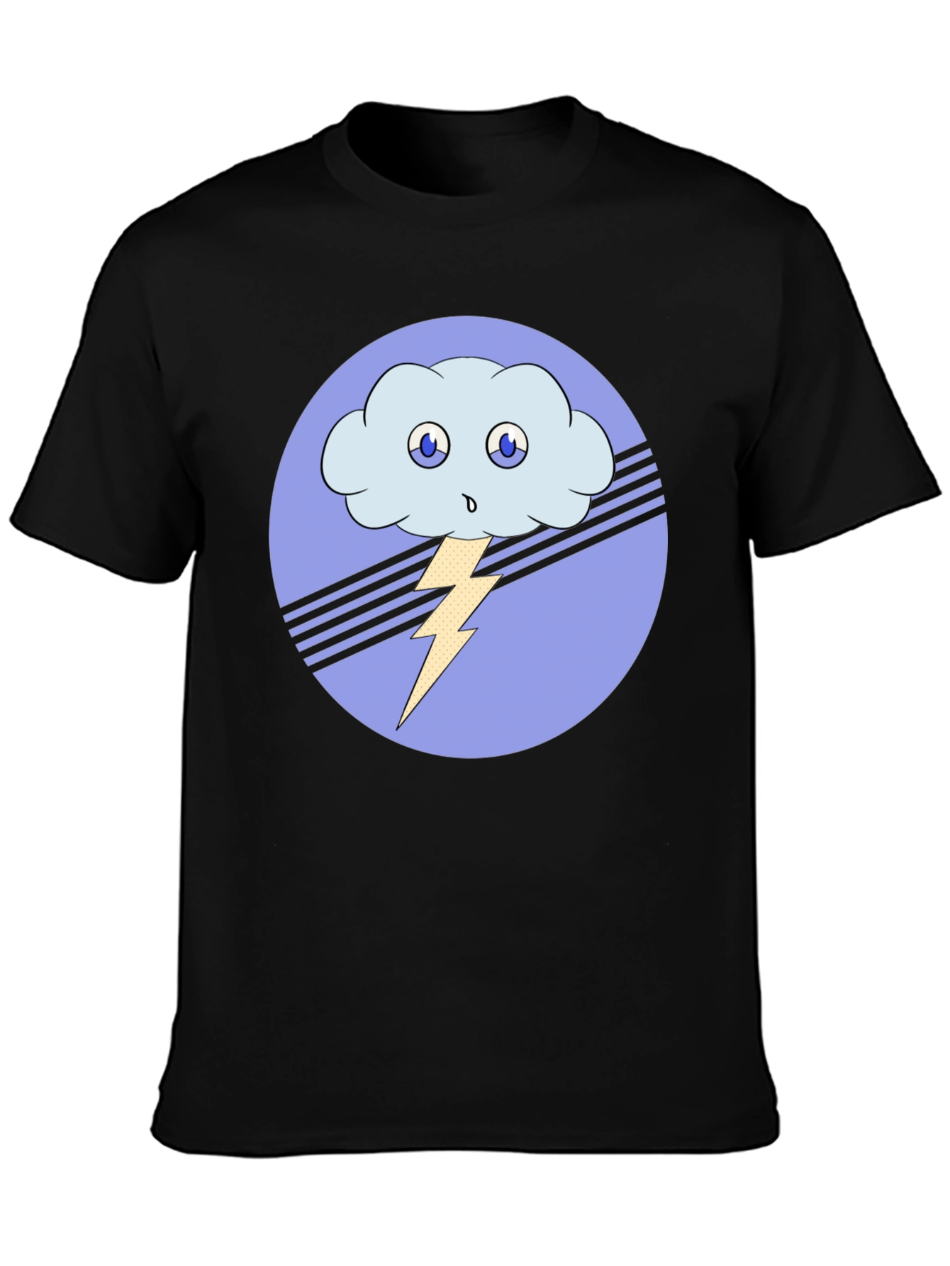 Cartoon Cloud & Lightning Bolt Black T-Shirt