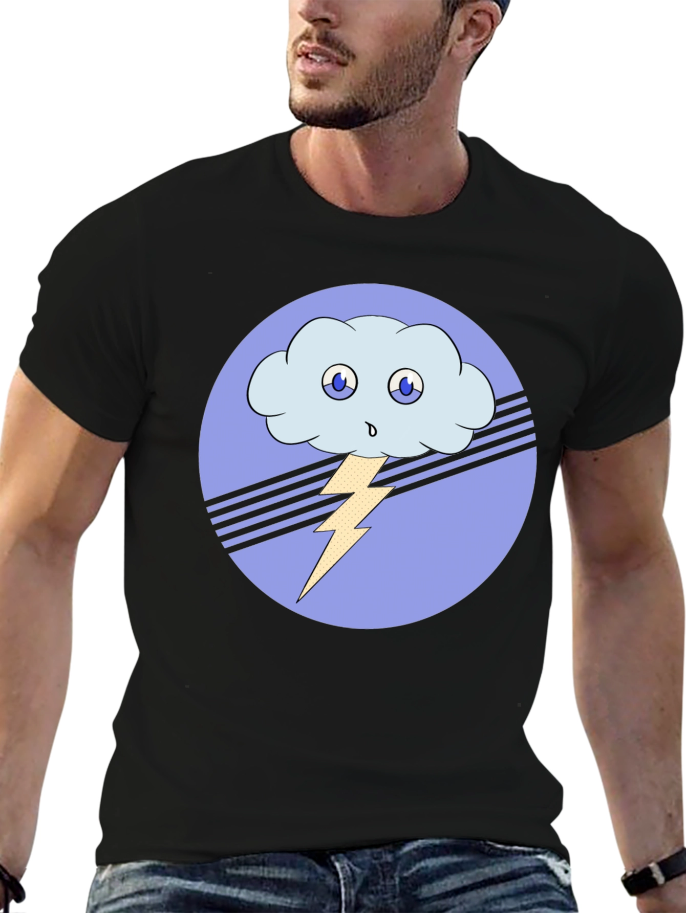 Cartoon Cloud & Lightning Bolt Black T-Shirt