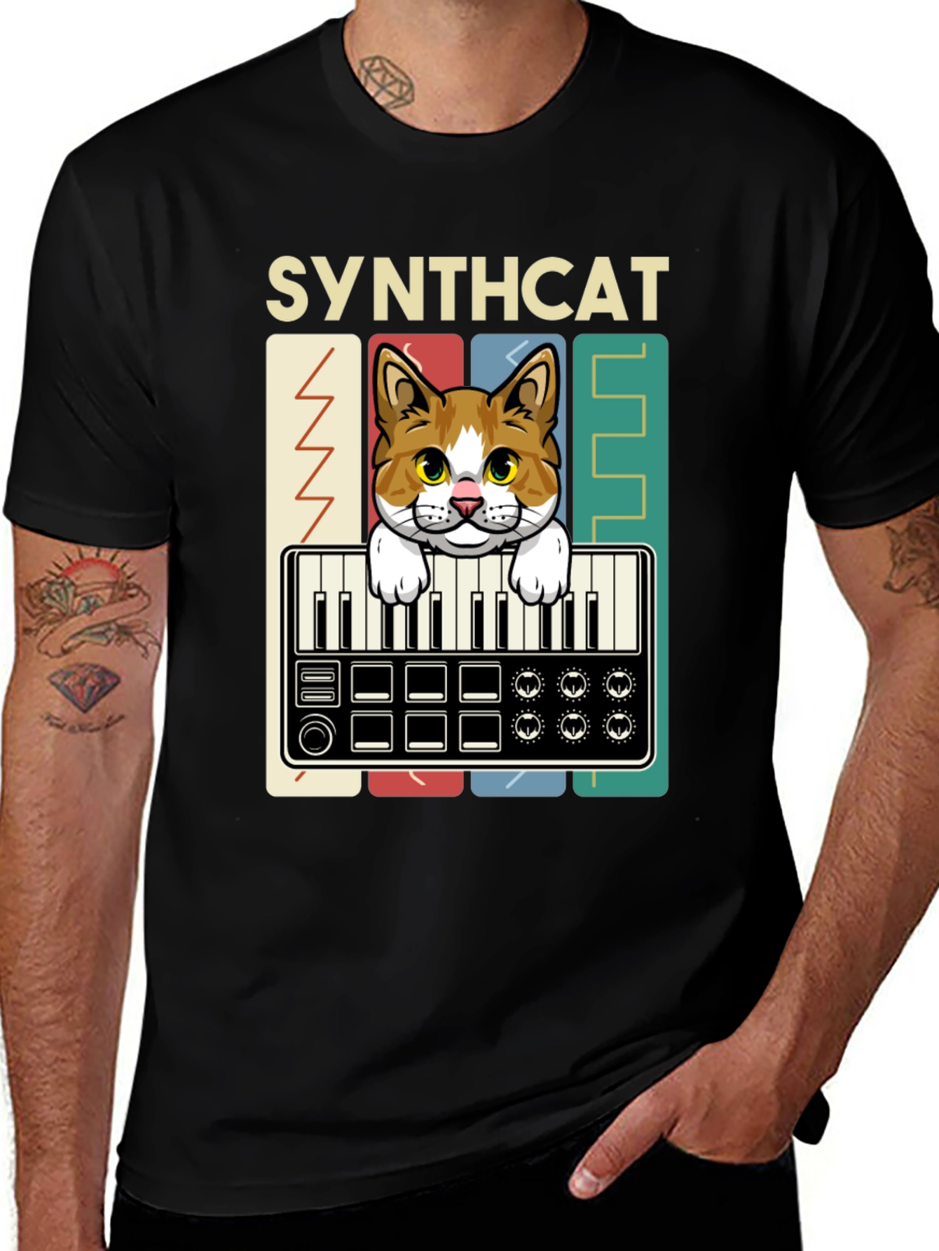 Synthcat Graphic T-Shirt: Keyboard Playing Cat
