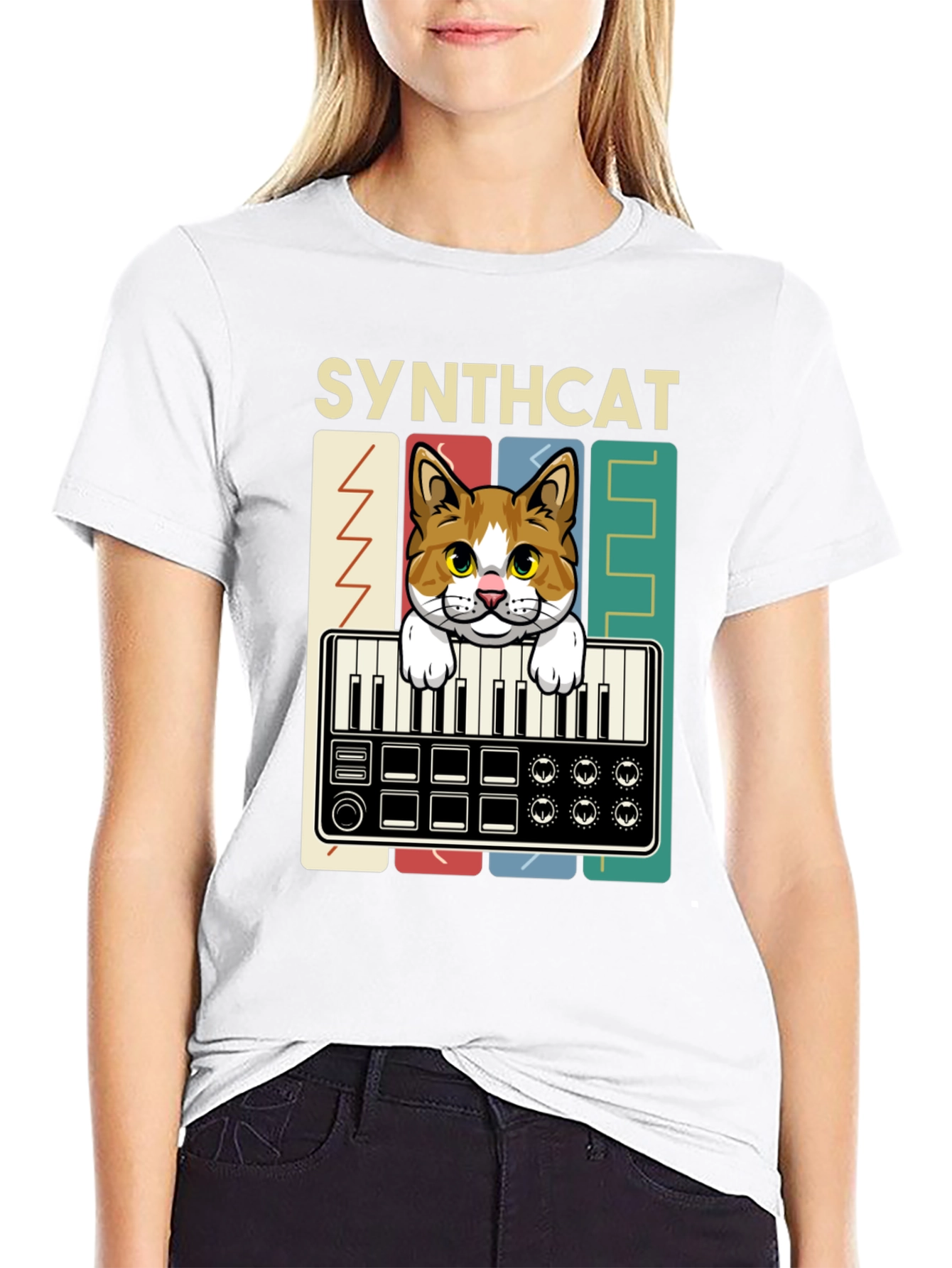 Synthcat Graphic T-Shirt: Keyboard Playing Cat