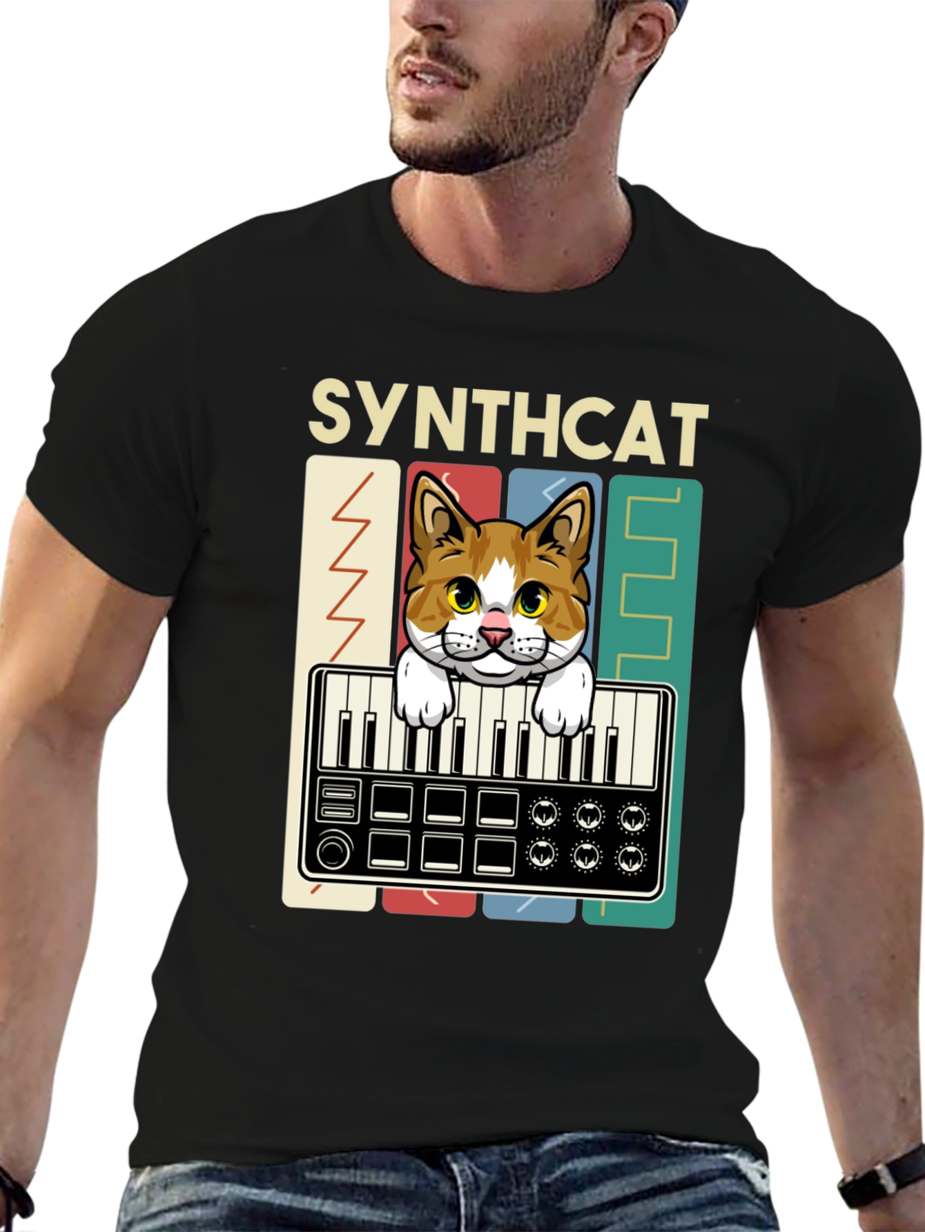Synthcat Graphic T-Shirt: Keyboard Playing Cat
