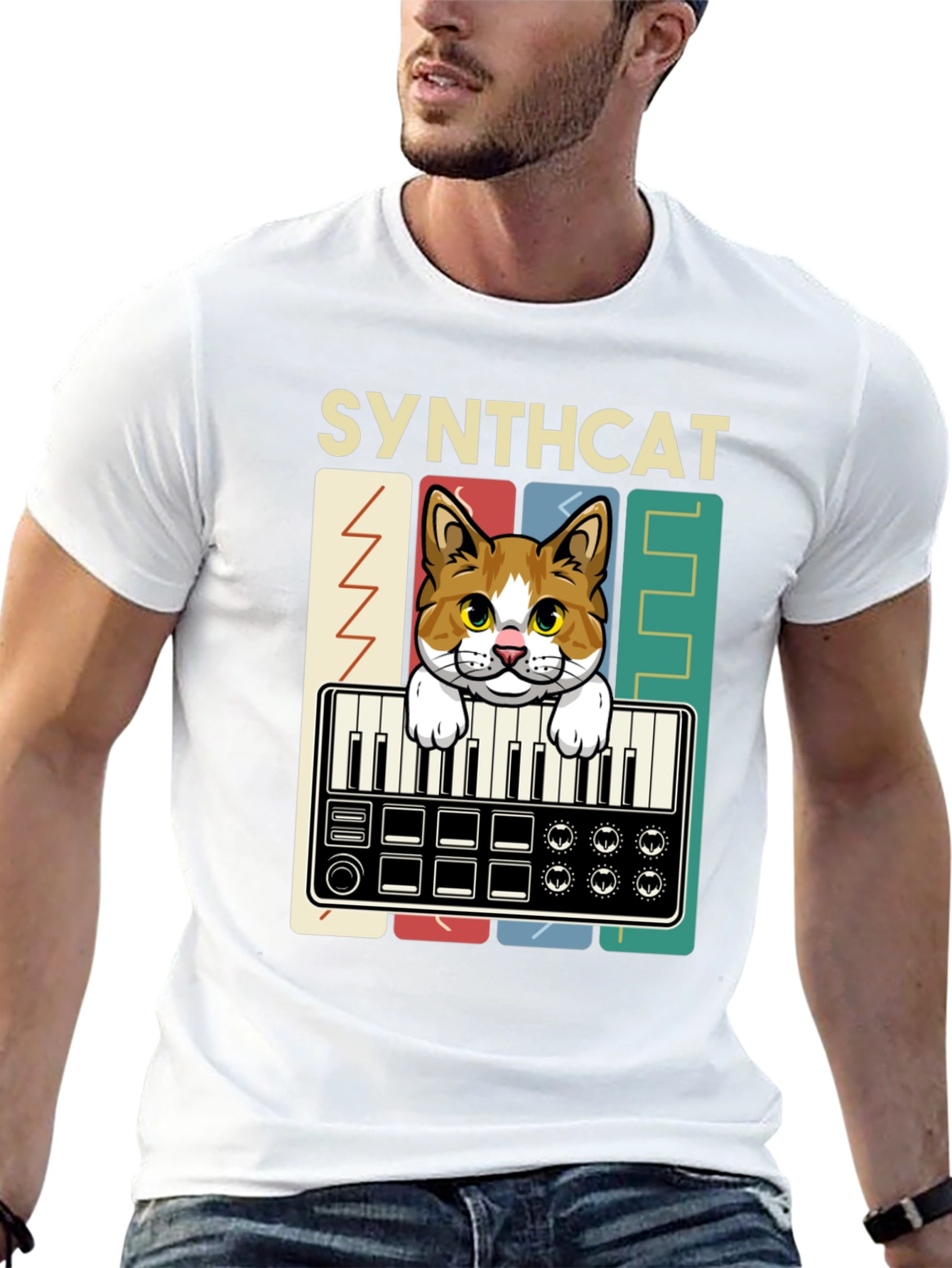 Synthcat Graphic T-Shirt: Keyboard Playing Cat