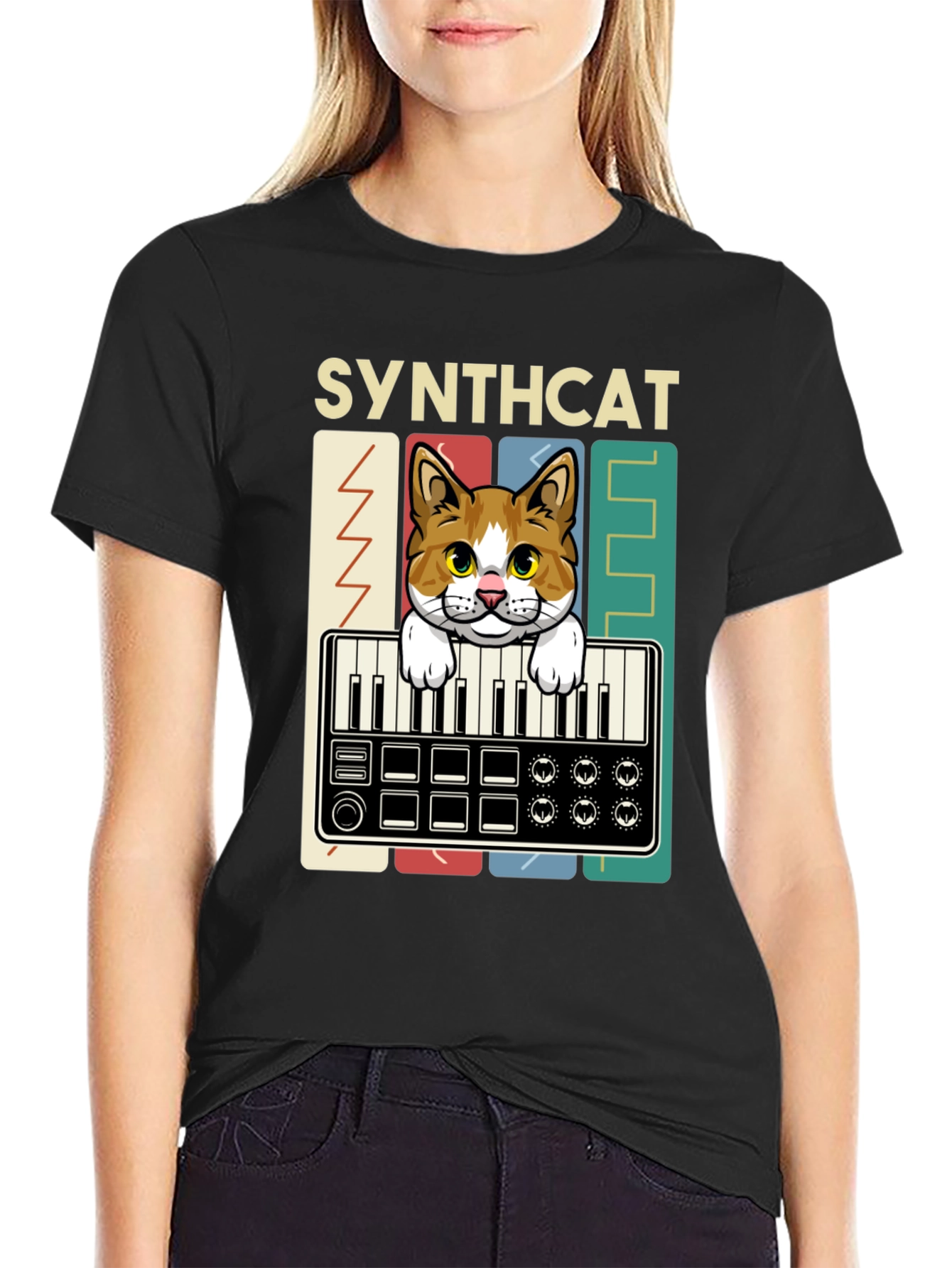 Synthcat Graphic T-Shirt: Keyboard Playing Cat