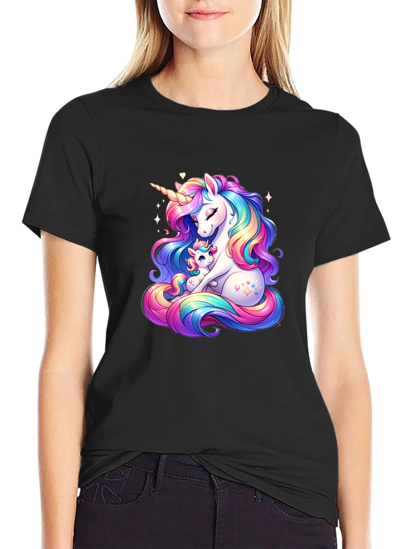 Unicorn Mom and Baby Black T-Shirt