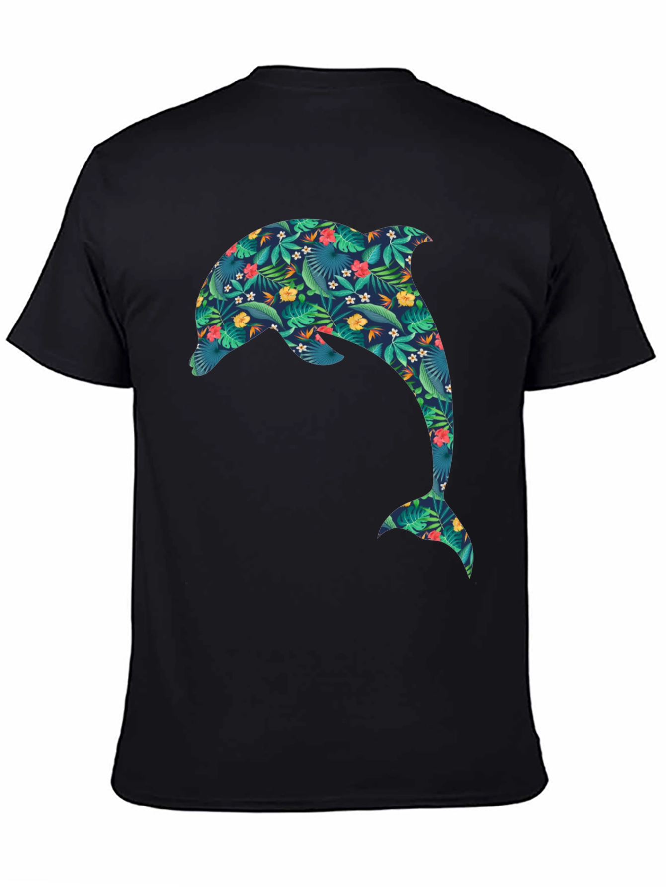 Tropical Dolphin Print Black T-Shirt