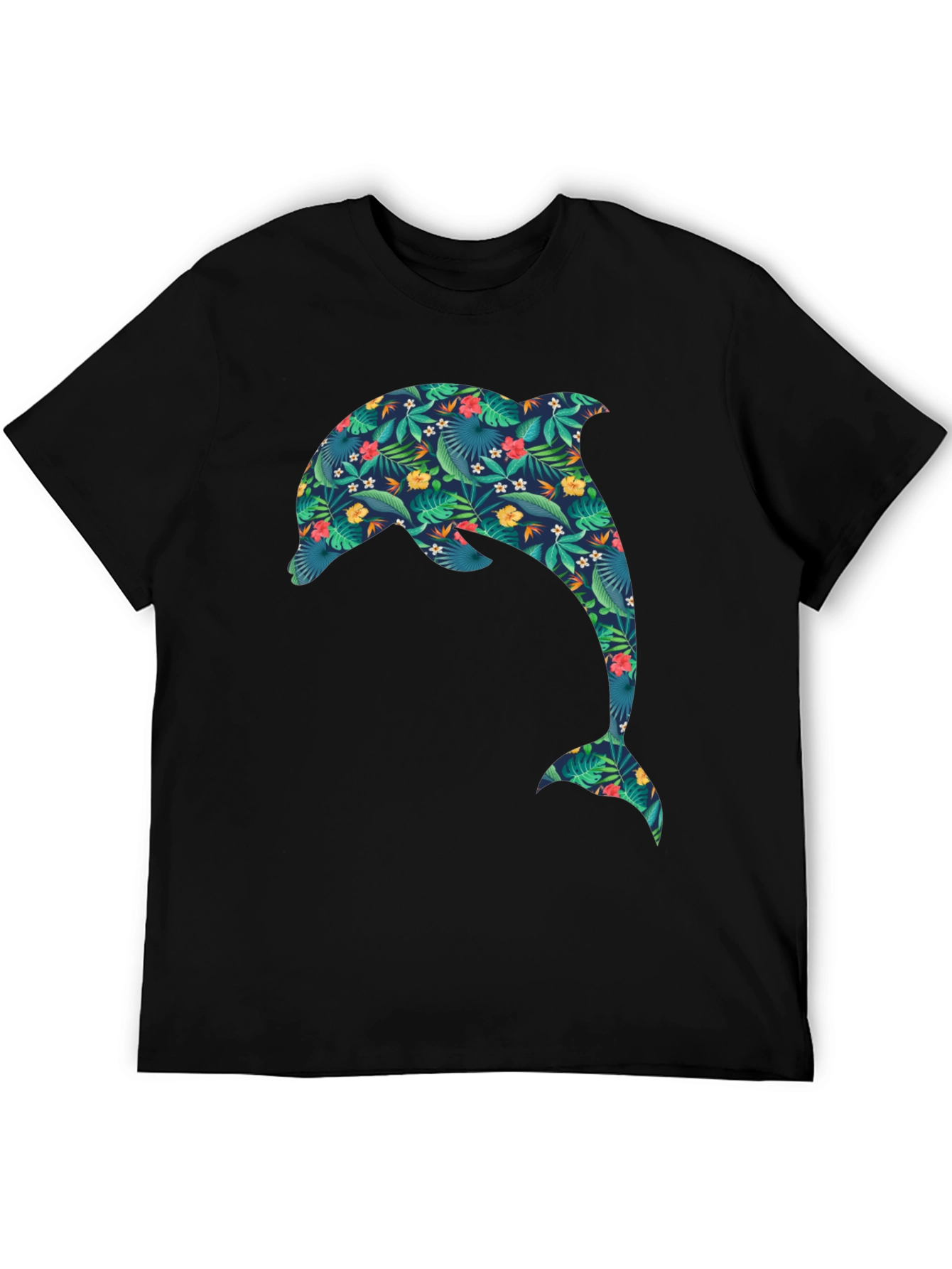 Tropical Dolphin Print Black T-Shirt