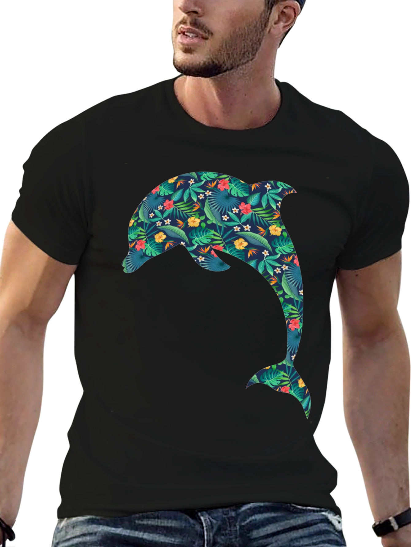 Tropical Dolphin Print Black T-Shirt