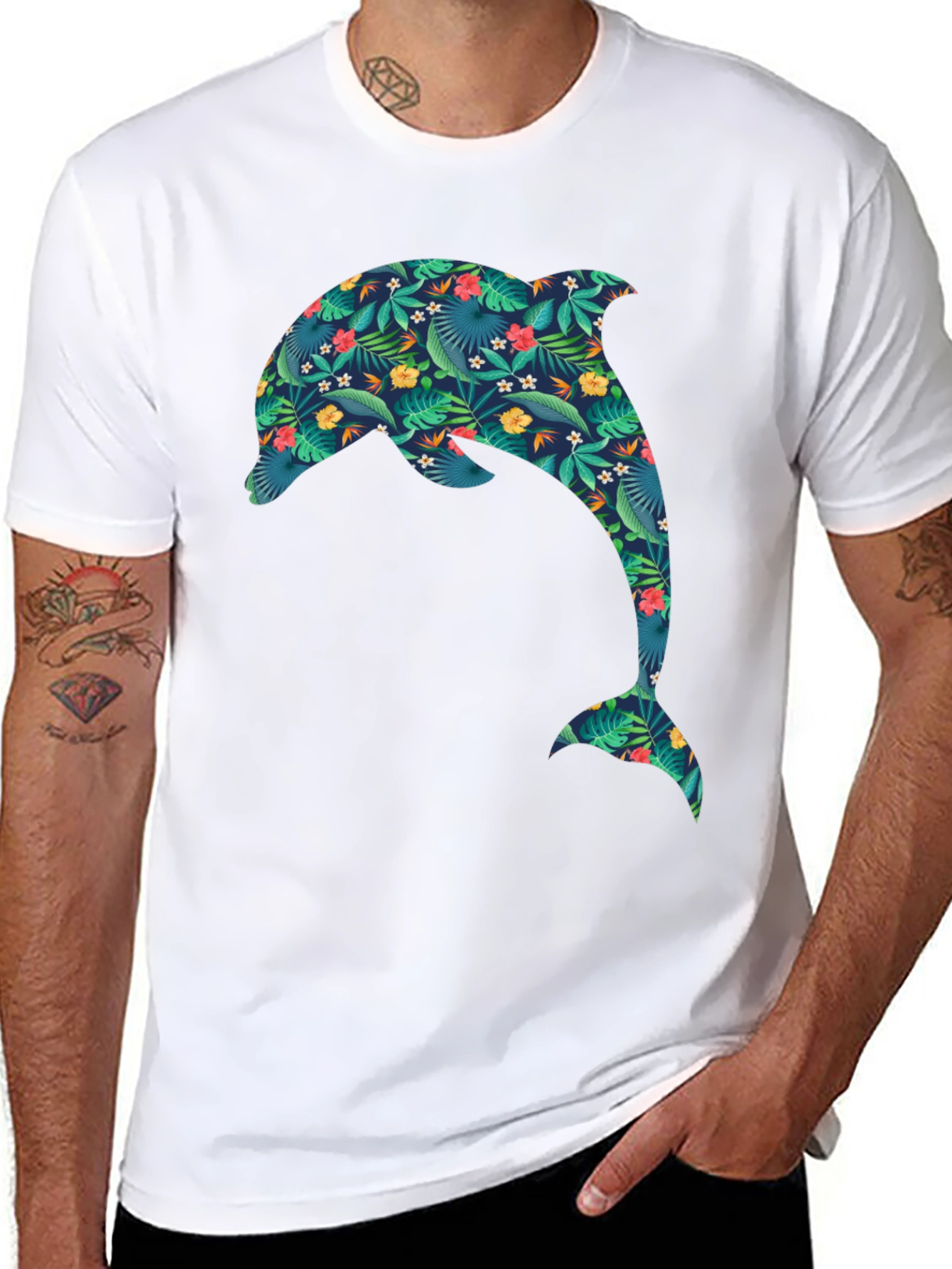 Tropical Dolphin Print Black T-Shirt