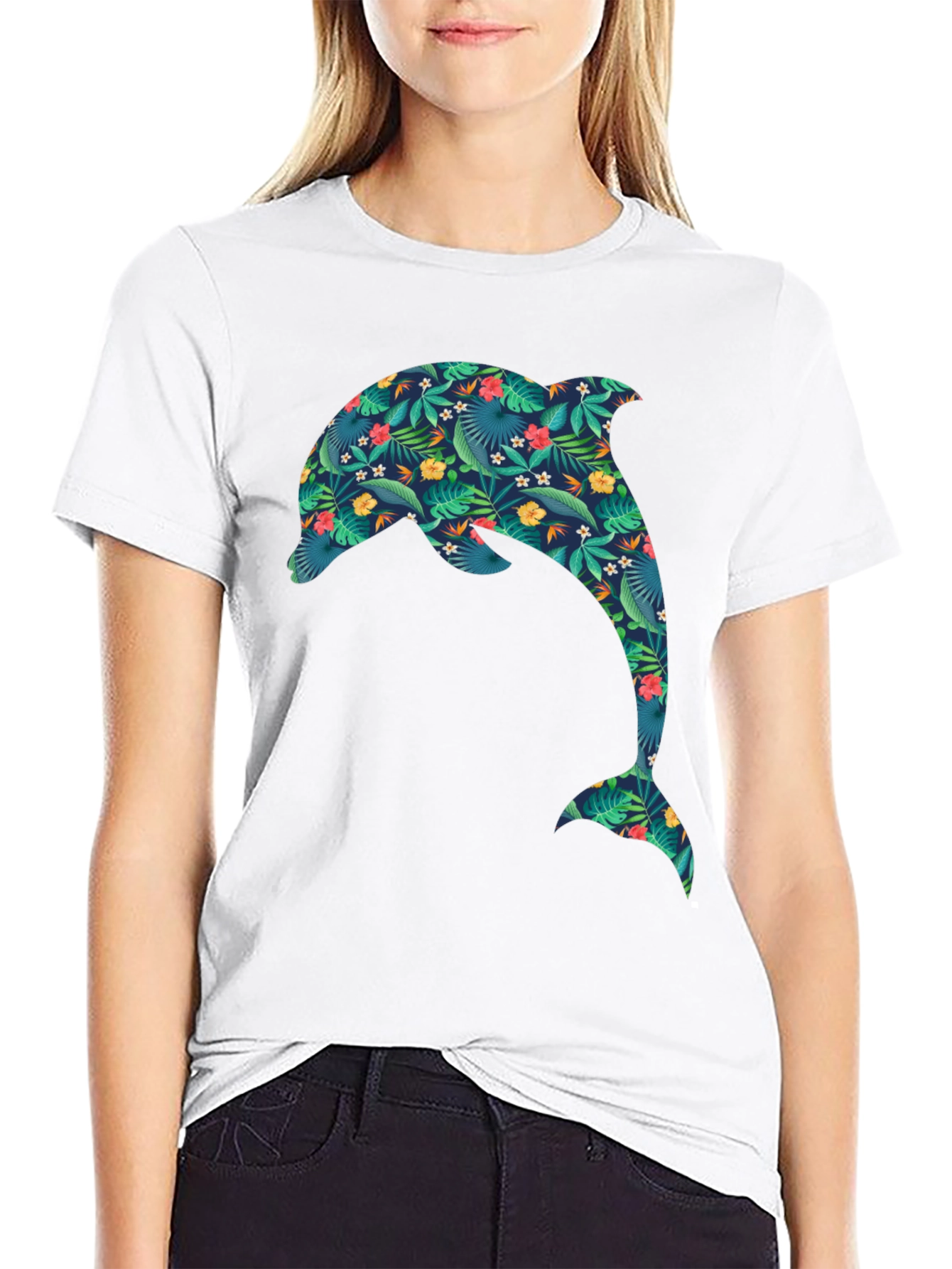 Tropical Dolphin Print Black T-Shirt
