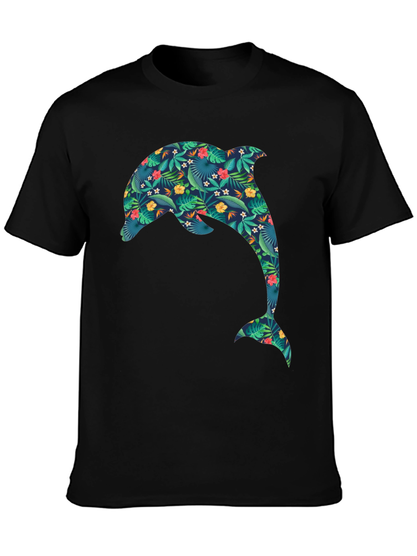 Tropical Dolphin Print Black T-Shirt