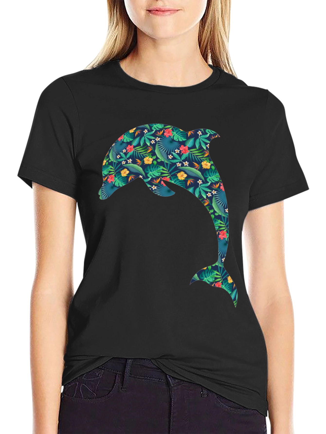 Tropical Dolphin Print Black T-Shirt